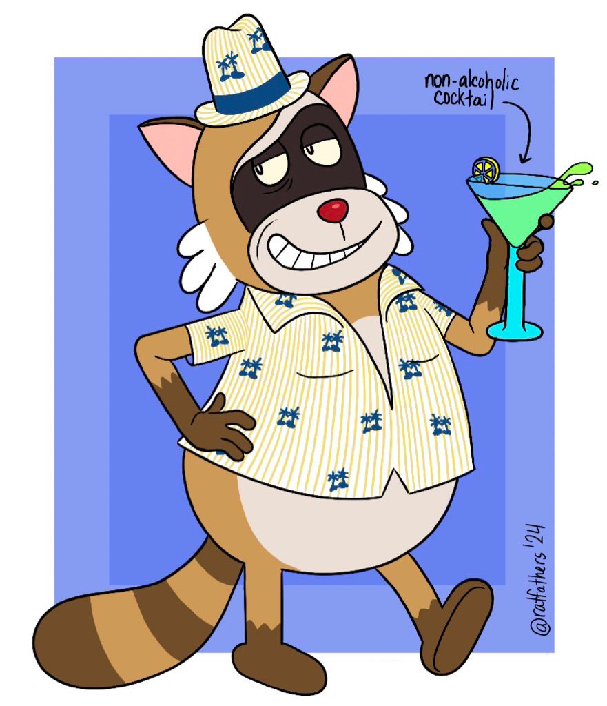 Rascal from Robot Dreams cheekily grinning and posing while wearing an identical white and yellow striped shirt and hat, both featuring blue palm trees on them. He holds a cocktail glass filled with a green non-alcoholic cocktail.