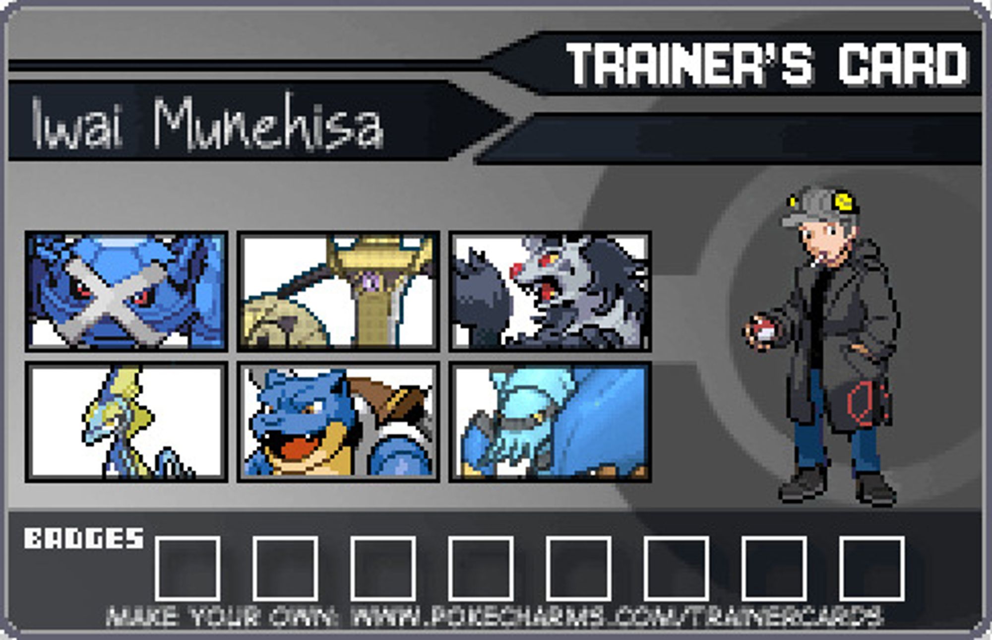 a fan-made trainer card/sprite edit for Iwai Munehisa featuring his team: Metagross, Aegislash, Mightyena, Inteleon, Blastoise, and Clawitzer