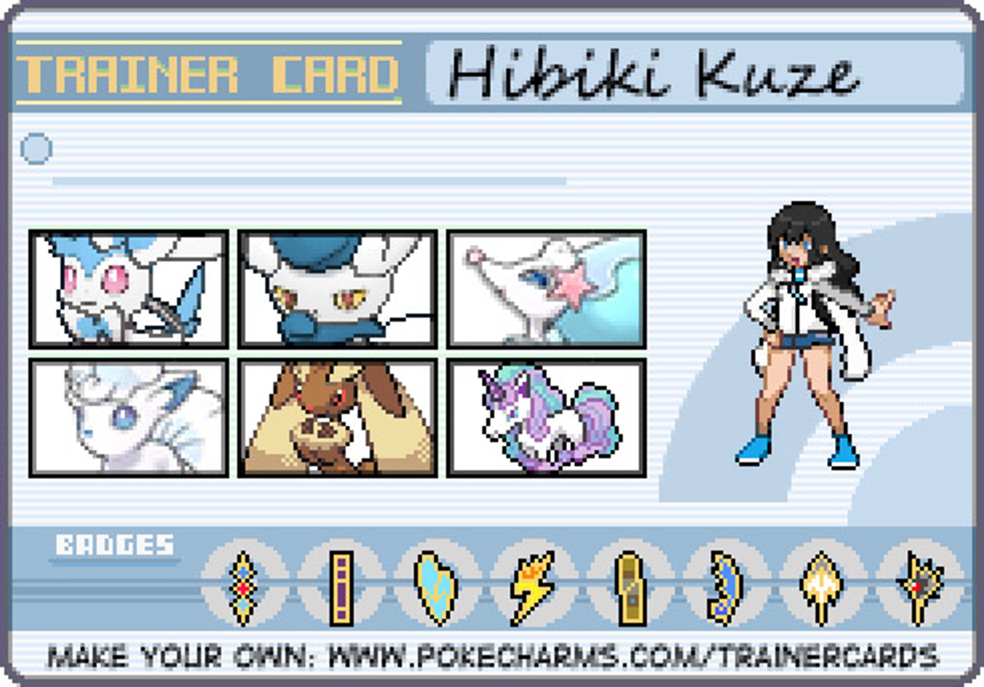 a fan-made trainer card/sprite edit for genderswapped Hibiki Kuze featuring her team: shiny Sylveon, female Meowstic, Primarina, Alolan Vulpix, Lopunny, and Galarian Rapidash