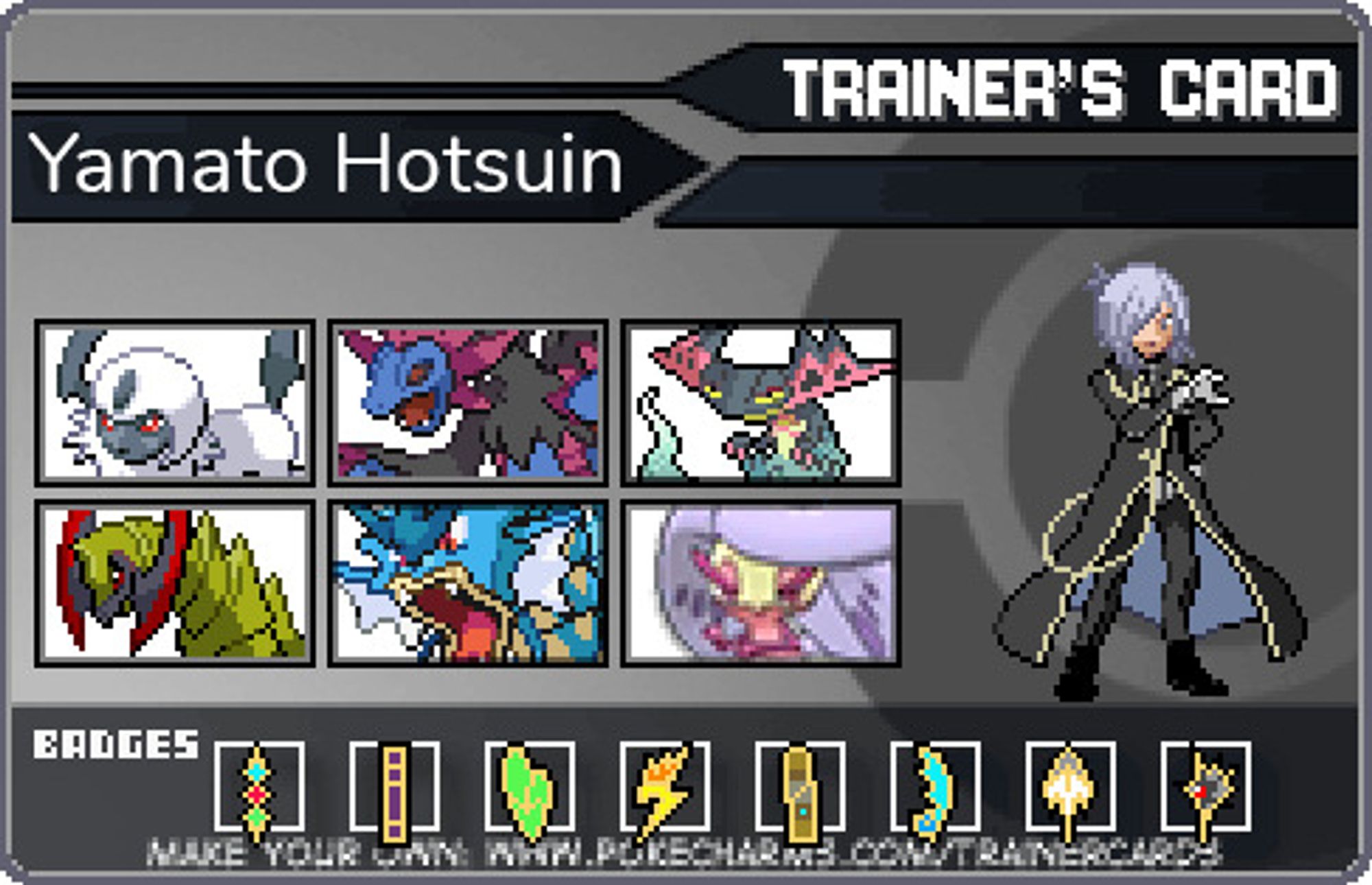 a fan-made trainer card/sprite edit for Yamato Hotsuin featuring his team: Absol, Hydreigon, Dragapult, Haxorus, Gyarados, and shiny Tsareena