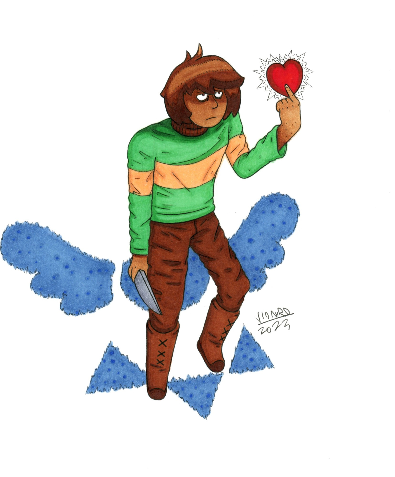 An artwork of Kris from Deltarune holding up their soul, staring up at it intently.