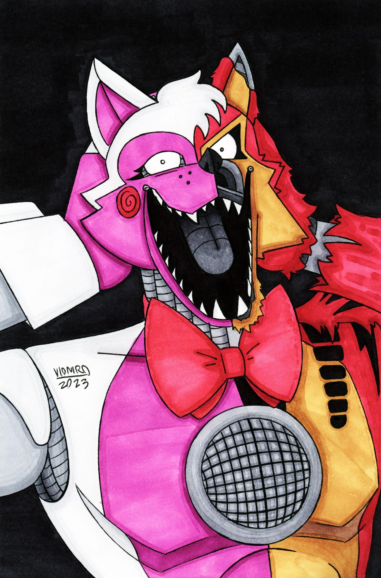 An Artwork of Funtime Foxy from FNaF Sister Location transforming into Nightmare Foxy from FNaF 4. It is based on book "FNaF: The Twisted Ones".