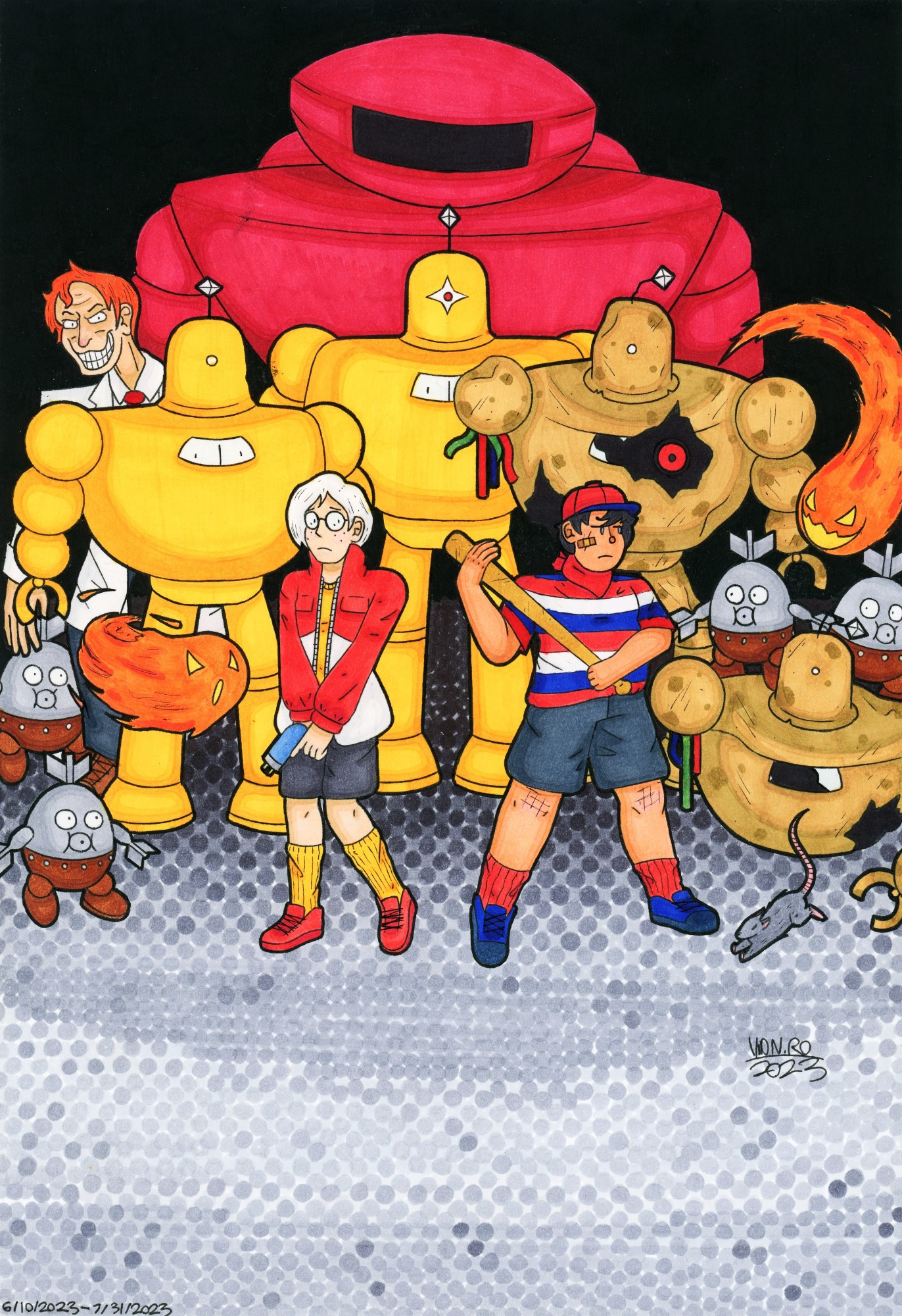 An artwork based on Mother 1/Earthbound Beginnings of Ninten and Llyod standing in a dark factory, prepared to fight as they are surrounded by Old Robots, Scrappers, Fireballs, a Rat, Bombers, Dr. Distorto, and EVE.