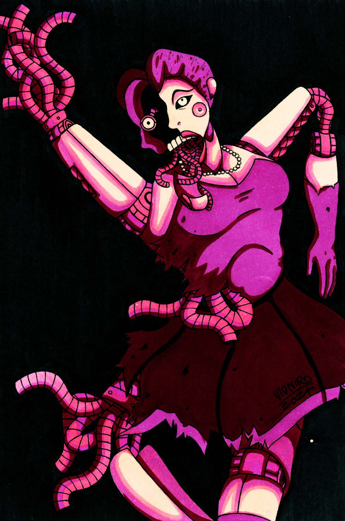 An artwork of Ballora from FNaF. She is seen dancing in the dark while her body falls apart, and she is illuminated by a purple/pink light.