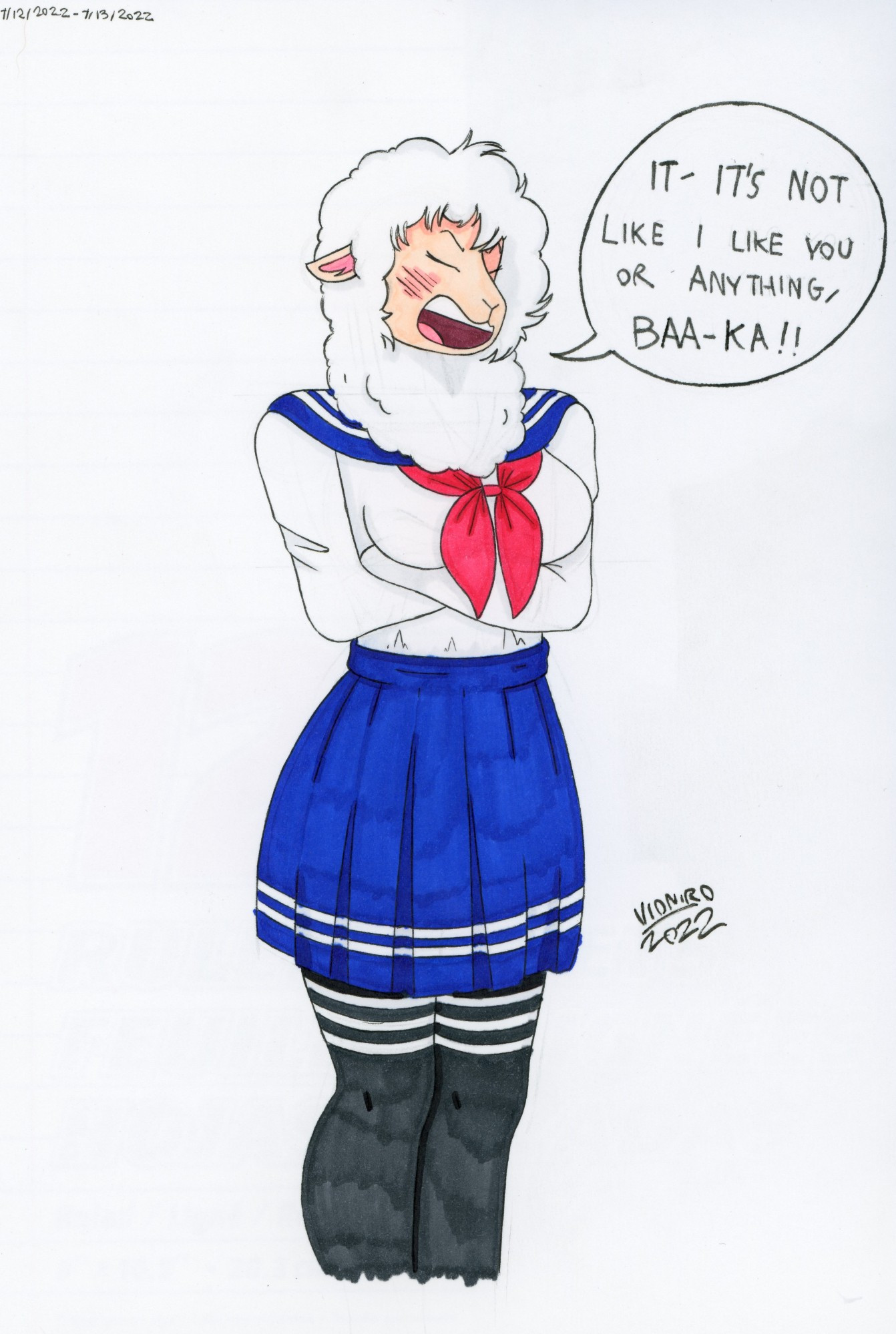 Sheep girl dressed in a Japanese school girl uniform saying "It-it's not like I like you or anything, baa-ka!!". It is inspired by anime cliches and the sound that sheep make.