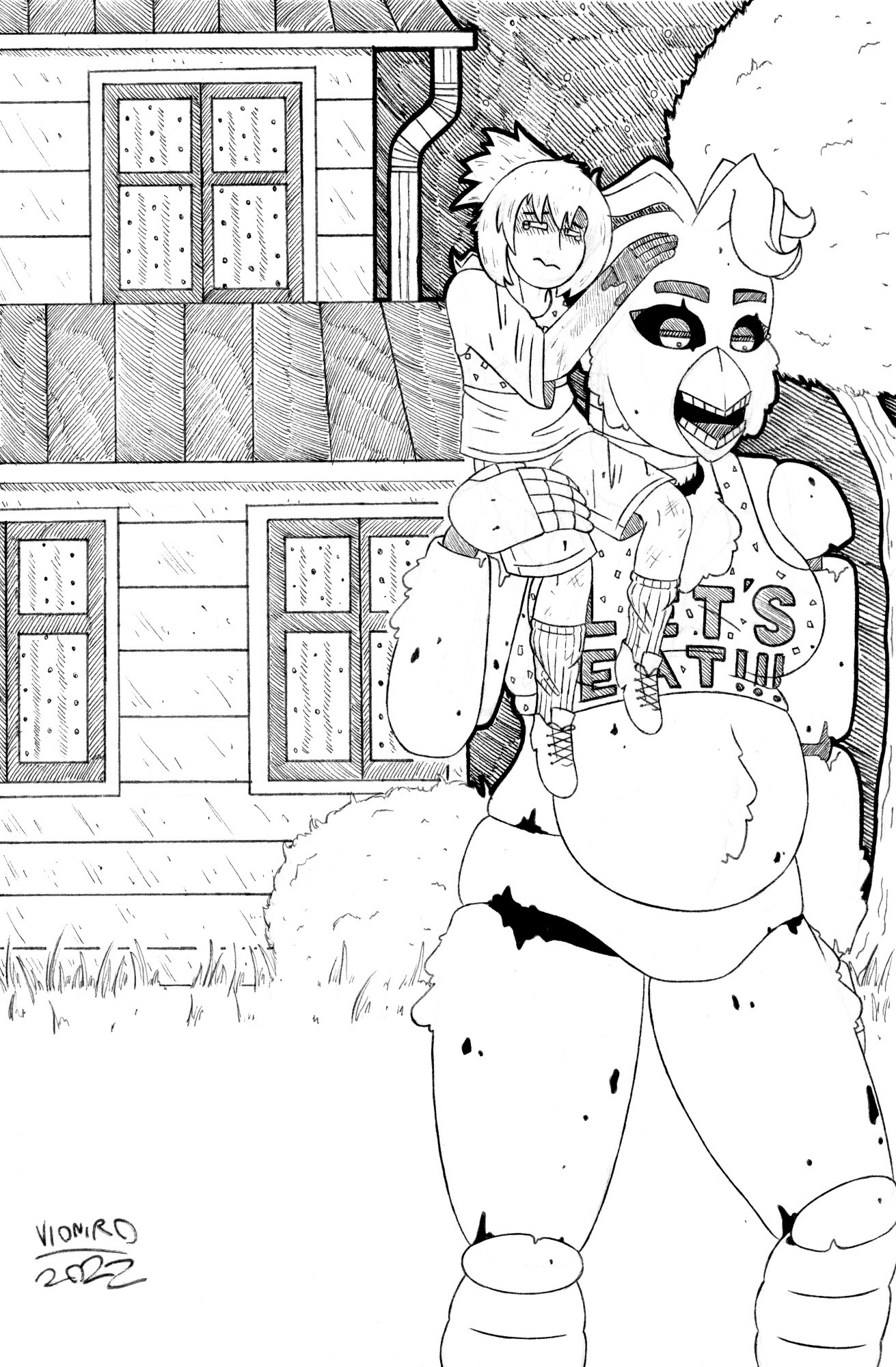 For further elaboration, this artwork is based on an artwork that former official FNaF artist LadyFiszi made for the Fazbear Frights book series; specifically the story "Coming Home". Back in 2022 on Twitter, a bunch of people decided to start redrawing LadyFiszi's Fazbear Frights artworks as they hated Fiszi as a person and they also hated her art. I felt the same way on both topics, and so I decided to join in on the fun and redraw the Coming Home artwork in my style and with my designs. It was fun.