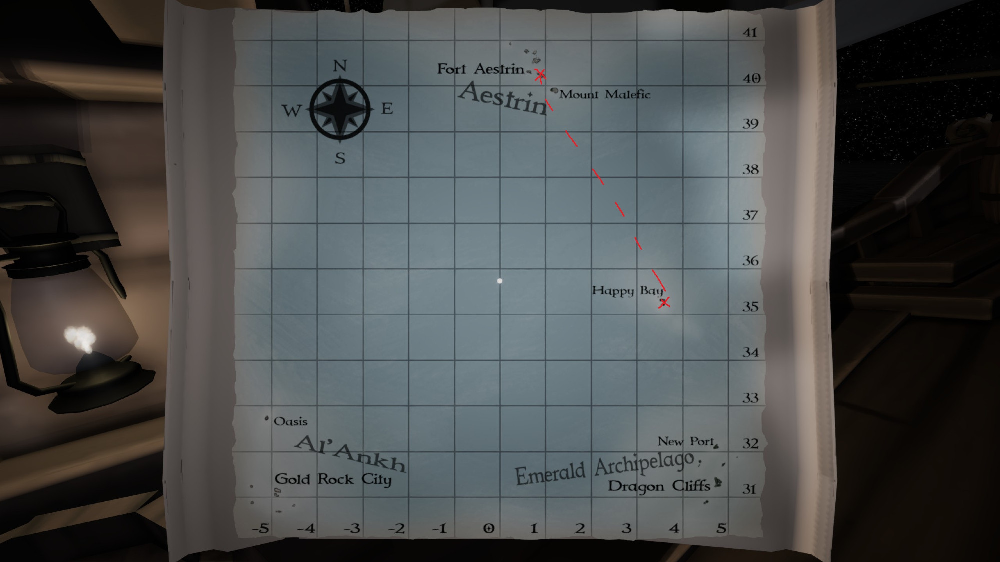a sea chart showing a few different archipelagoes, and longitude and latitude lines.