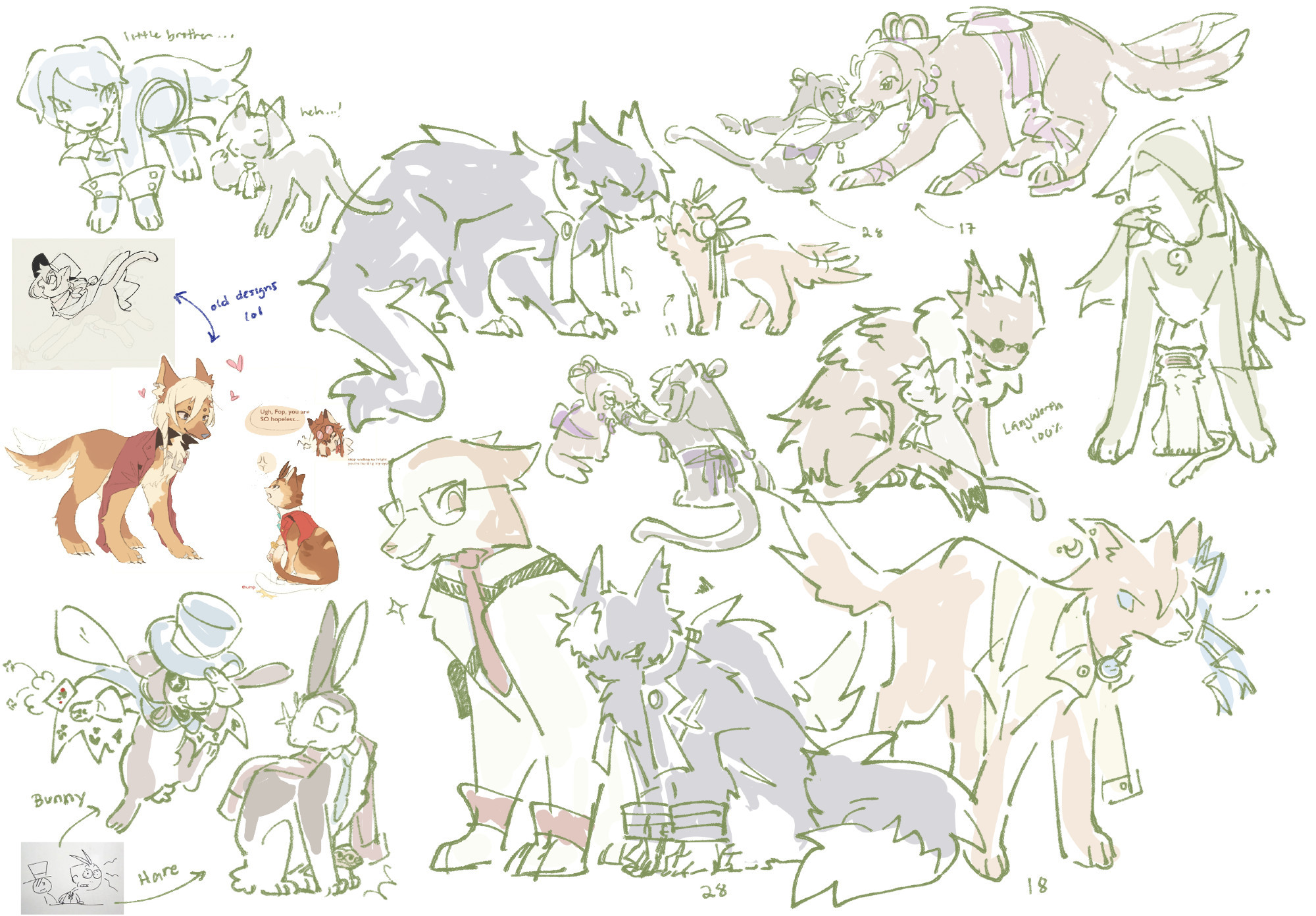 collection of doodles of various ace attorney characters redesigned as cats and dogs, except trucy and apollo who are a bunny and a hare respectively. from left to right, top to bottom it shows: franziska as a relatively small sized dog with edgeworth next to her, who is a smaller cat. twenty-one year old large-fluffy-cat blackquill is leaning down to touch noses with eleven year old puppy athena, who is shorter than him. twenty-eight year old small cat maya is squeezing seventeen year old dog pearl's cheeks, who is much, much larger than maya and has to lean down for maya to reach her face. a few old designs of dog ema and klavier, and cat trucy and apollo are screen-shotted and inserted in the canvas. triology-era cat maya is squeezing the cheeks of a young, tiny puppy pearl with teary eyes; at this point puppy pearl is smaller than cat maya. large, fluffy shilong lang cat is curled around smaller cat edgeworth. dog mia stands hovering over a smaller cat godot with a worried expression. bunny trucy has big sparkly eyes and hare apollo has long brown ears like his hair, and intense eyes. large dog bobby fulbright sits about one-and-a-half heads taller than twenty-eight year old blackquill cat. across from them eighteen year old dog athena, who is now about two heads taller than cat blackquill while standing, is staring at blackquill and making a serious face.