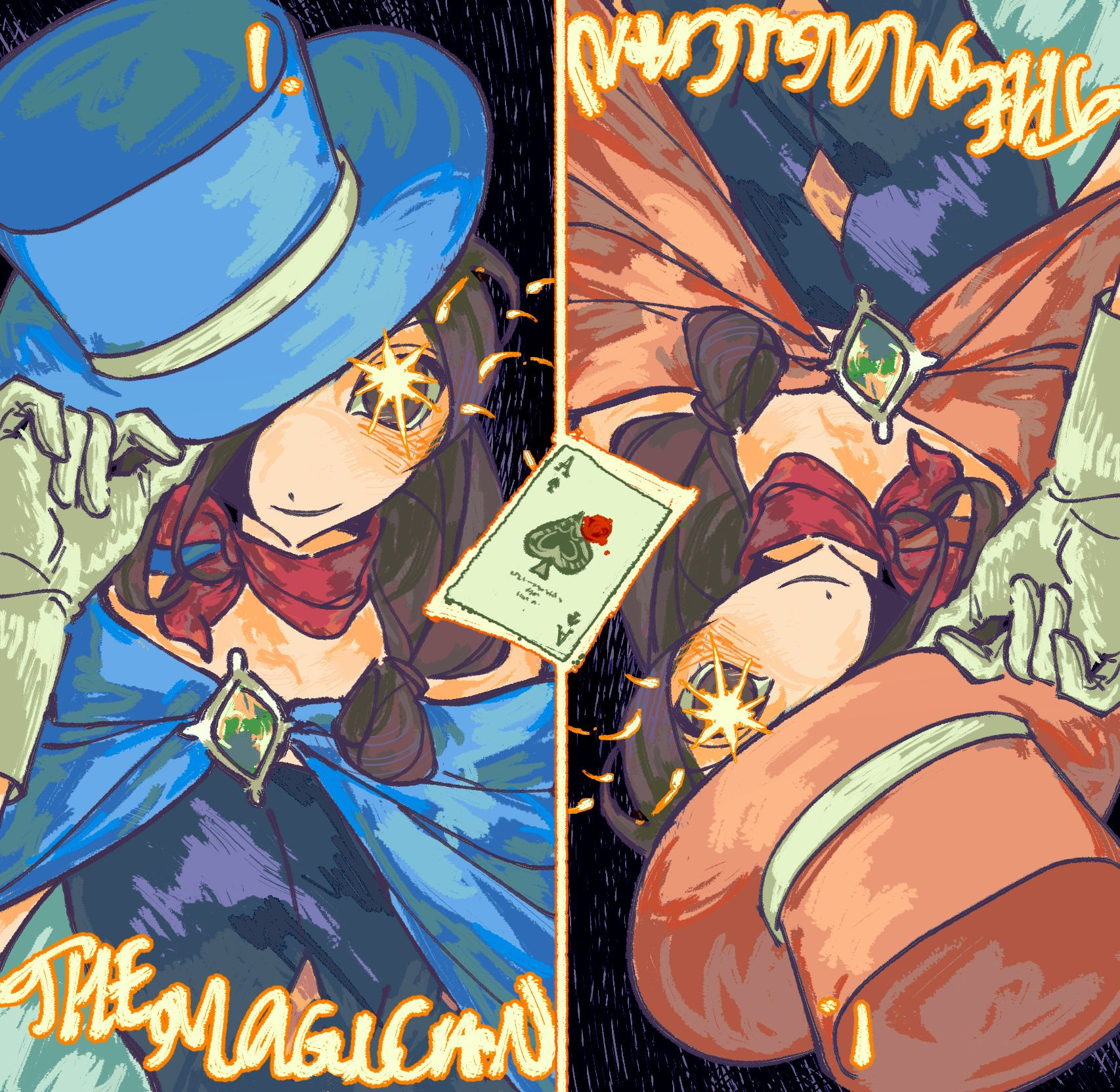 drawing of trucy wright, from ace attorney: apollo justice, tipping her magicians hat, obscuring one eye. text above and below her reads: I. THE MAGICIAN. the same drawing of her but with a red cape and hat is rotated 180 degrees and pasted next to her. separating the two mirror images is an ace of spades card with a drop of blood on it.