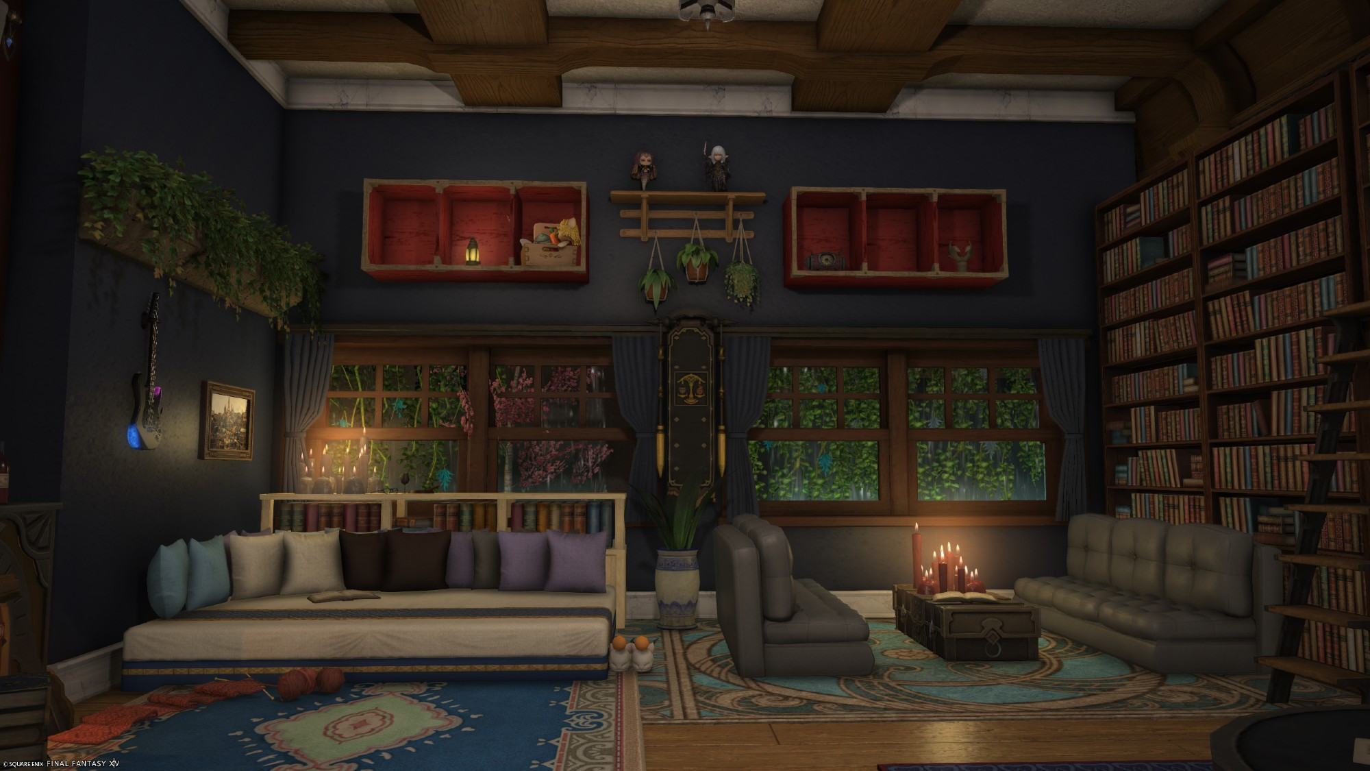 A view of a FFXIV apartment, decorated to look like it's in a rainy forest