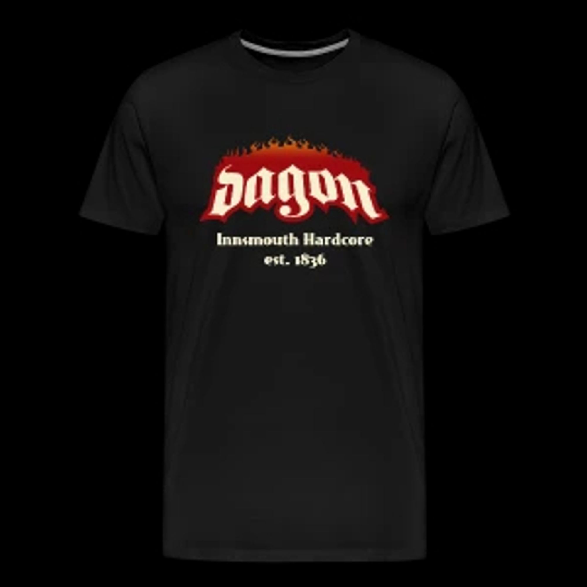 T-shirt noir avec le logo "DAGON" en caractères gothiques façon Hatebreed avec les flammes rouges - et le sous-titre "Innsmouth Hardcore, established in 1836"