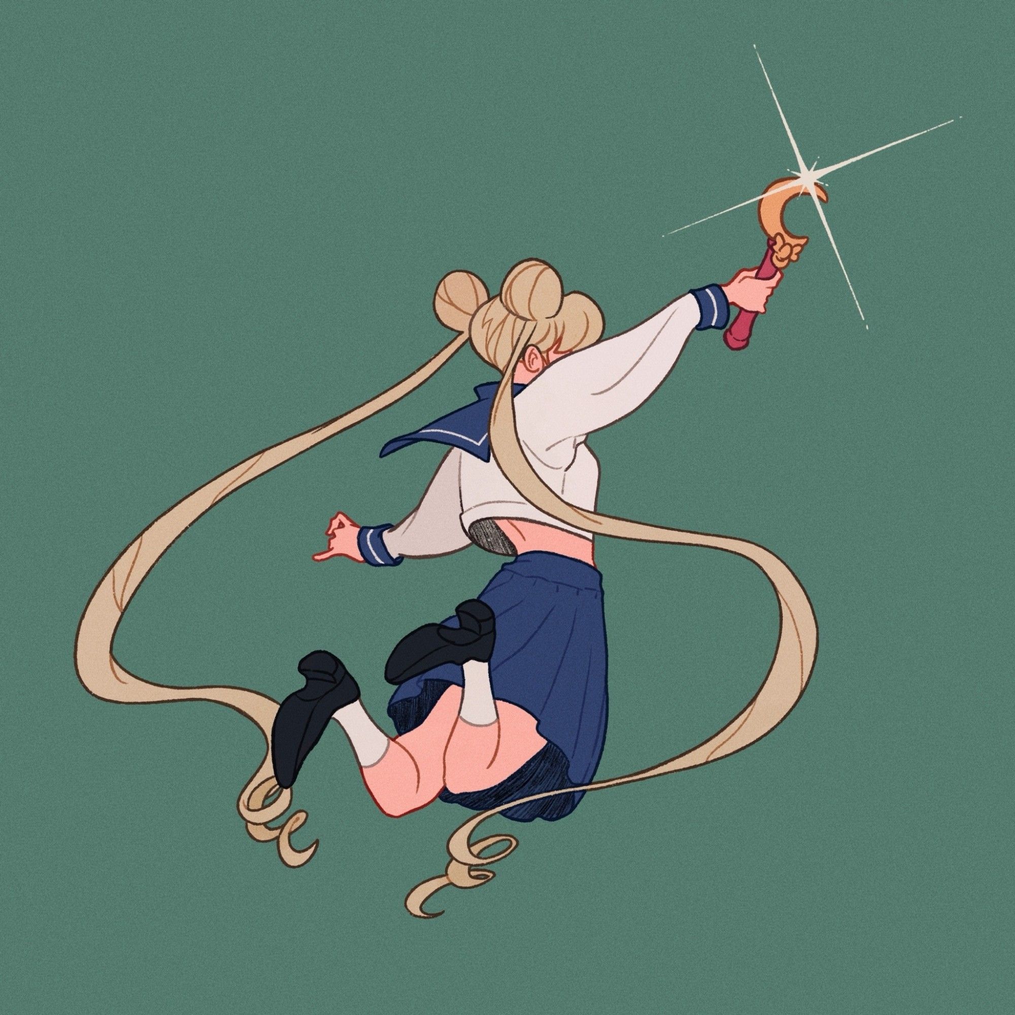 A digital drawing of Usagi from Sailor Moon, a view from the back as she jumps, raising her wand. Her hair billows around her. The drawing is in flat colour, with a dark teal background.