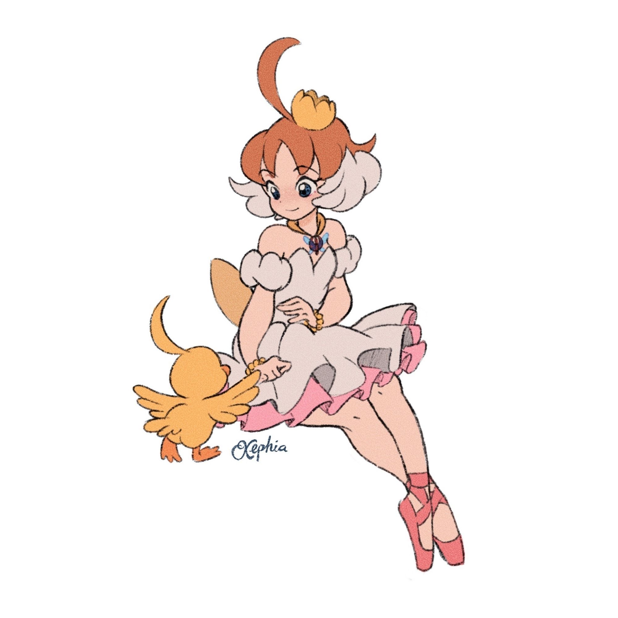 sketch in colour of Ahiru from Princess Tutu in her magical girl costume. She's smiling slightly and is seated in negative space with one hand raised to pet a duck that waddles towards her