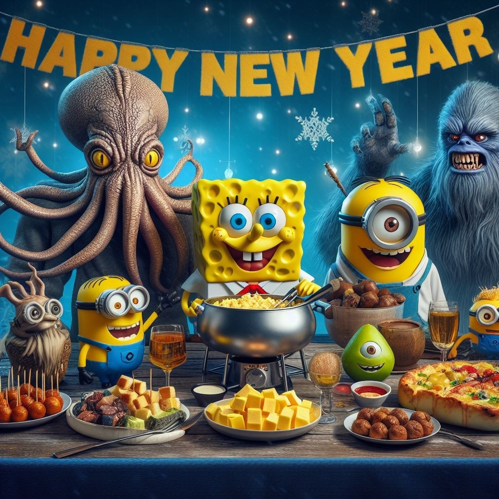 Spongebob, Minions, and monsters having NYE cheese fondue and festive food