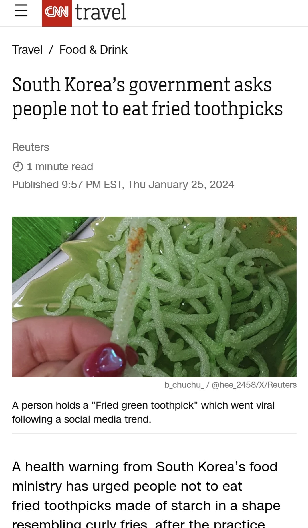 CNN news article about South Korean government asking people not to eat 'fried toothpicks'