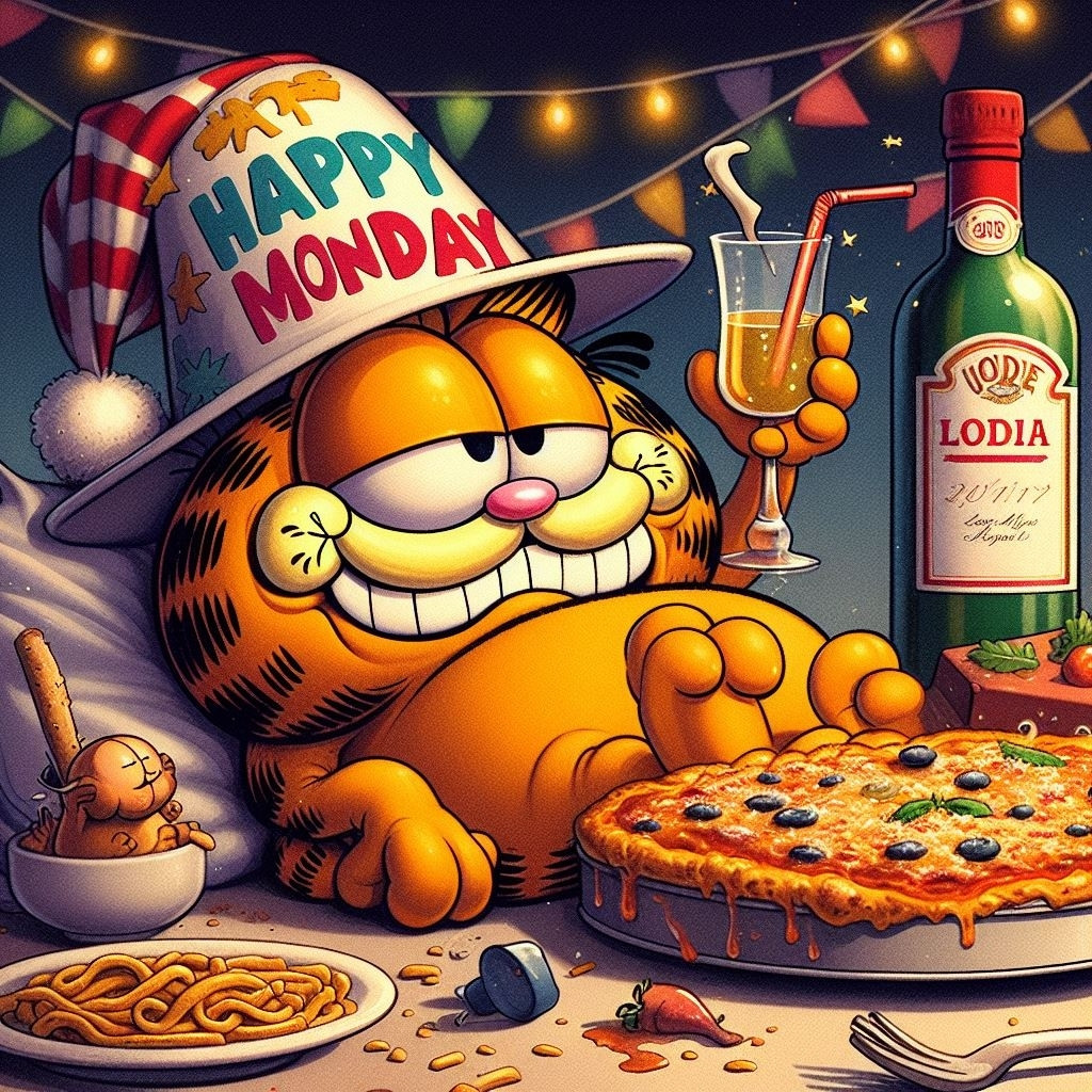 Garfield celebrating with a party hat that says "Happy Monday" and a big thing of lasagna and sparkling with a straw