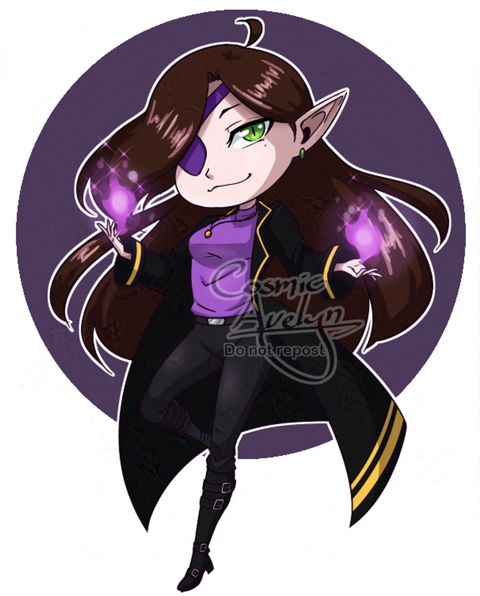 A digital art piece of a feminine chibi elf against a purple circle background. The elf is looking at the viewer with a self-assured expression, wielding purple magic in both hands. She has long brown hair, wears an eyepatch over her right eye, and wears a black trench coat with gold trim over a purple top and dark pants, with black knee-high boots.