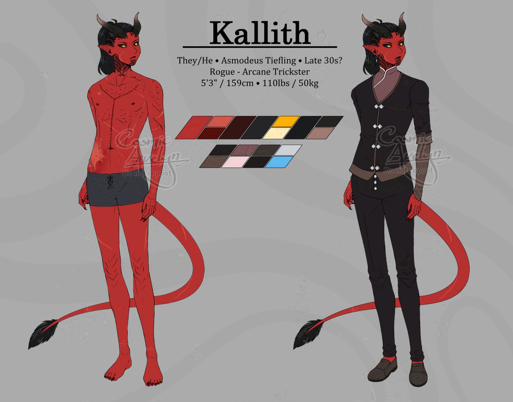 A digitally-drawn reference sheet of a tiefling character. Two images of the tiefling are shown, one wearing only underwear, the other fully clothed. They have red skin, yellow eyes with dark sclera, black hair tied back, and a pair of medium-length horns. In the clothed version of the image they are wearing a deep brown coat over a purple top, with matching pants and brown shoes.
Text transcription:
Kallith
They/He, Asmodeus Tiefling, Late 30s?
Rogue - Arcane Trickster
5'3"/ 159cm, 110lbs / 50kg