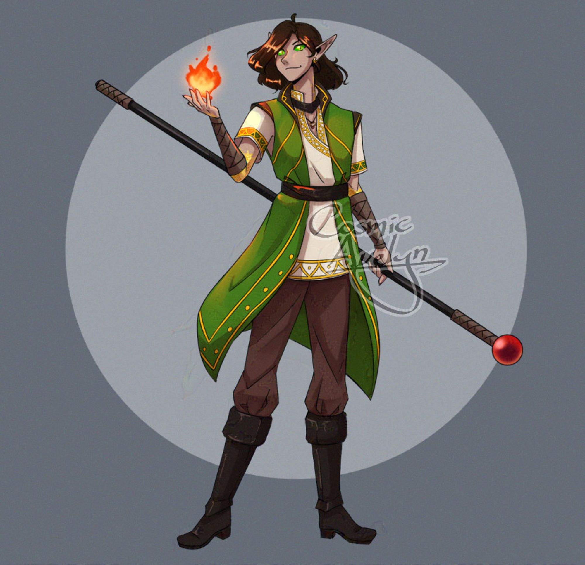 A digitally-drawn image of a masculine elf against a grey background. He is standing and looking at the viewer with a confident expression, holding a small fireball in one hand and a staff in the other. He has green eyes and short, wavy brown hair. He is wearing a white tunic with a green coat over it, both with gold trim, with brown pants and dark brown boots.