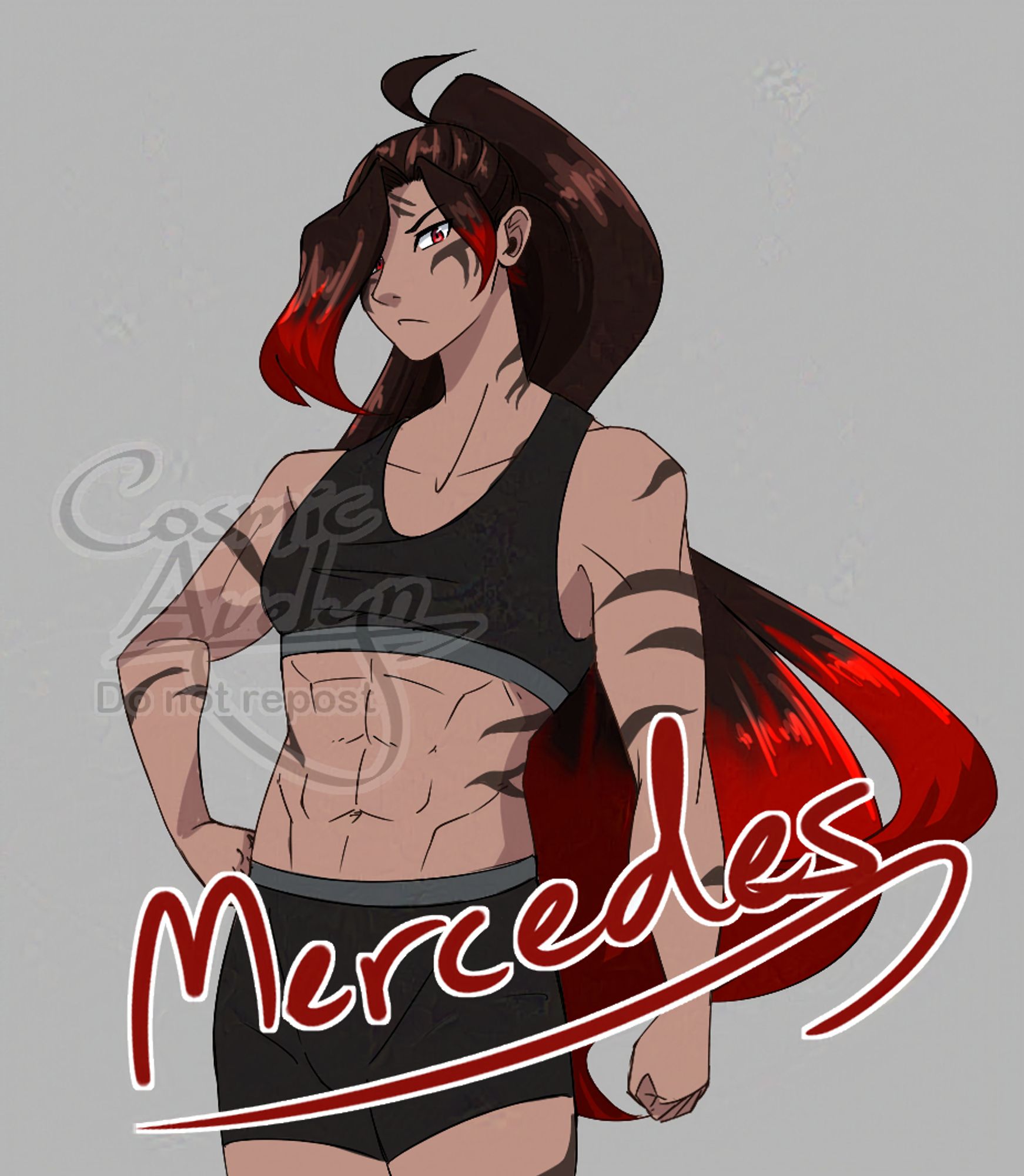 A digitally drawn thigh-up drawing of a woman. She has one hand on her hip, the other down at her side, both hands balled into fists. She is looking at the viewer with an intense expression. She has tan skin, red eyes, and very long brown hair with red tips. She is wearing a sports bra and shorts. "Mercedes" is written across the bottom of the image.