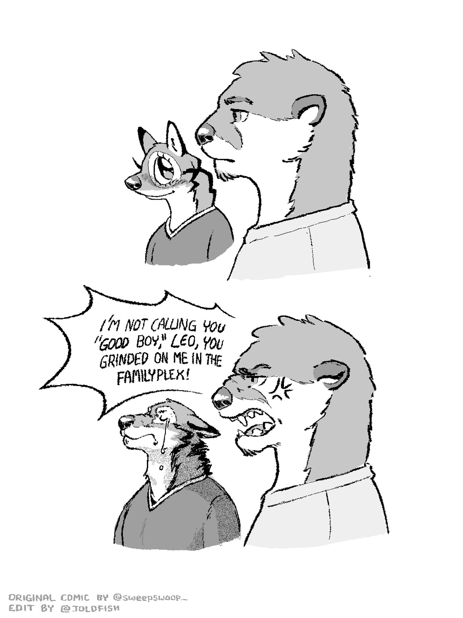 Edit of the Laios/Kabru comic by sweepswoop_ depicting Leo and Chase from Echo. Leo stares at Chase expectantly before Chase says "I'm not calling you 'Good Boy,' Leo, you grinded on me in the FamilyPlex!" Leo reacts by stoically crying.