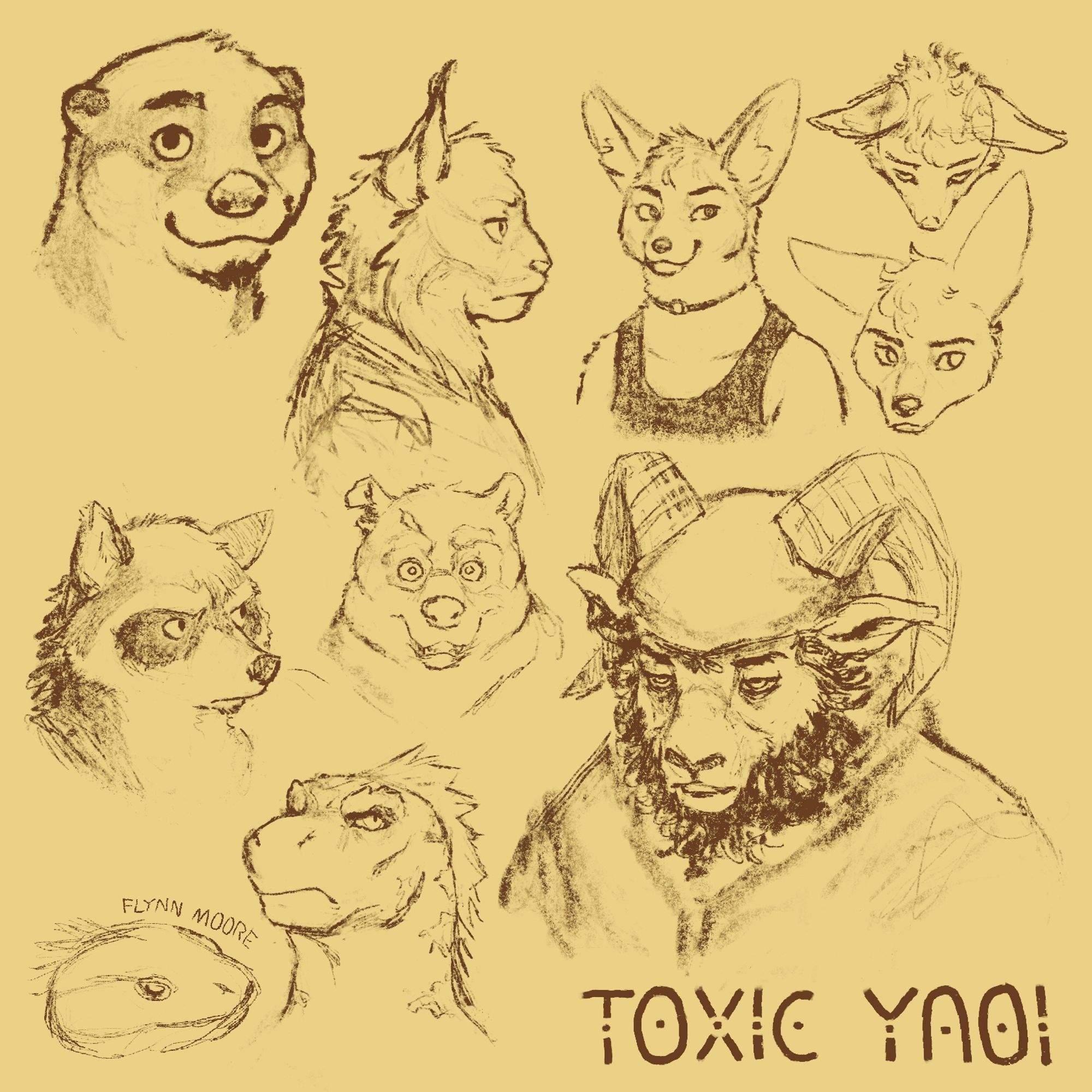 Sketches of Chase, TJ, Jenna, Kudzu, Brian, Carl, and Flynn from Echo.