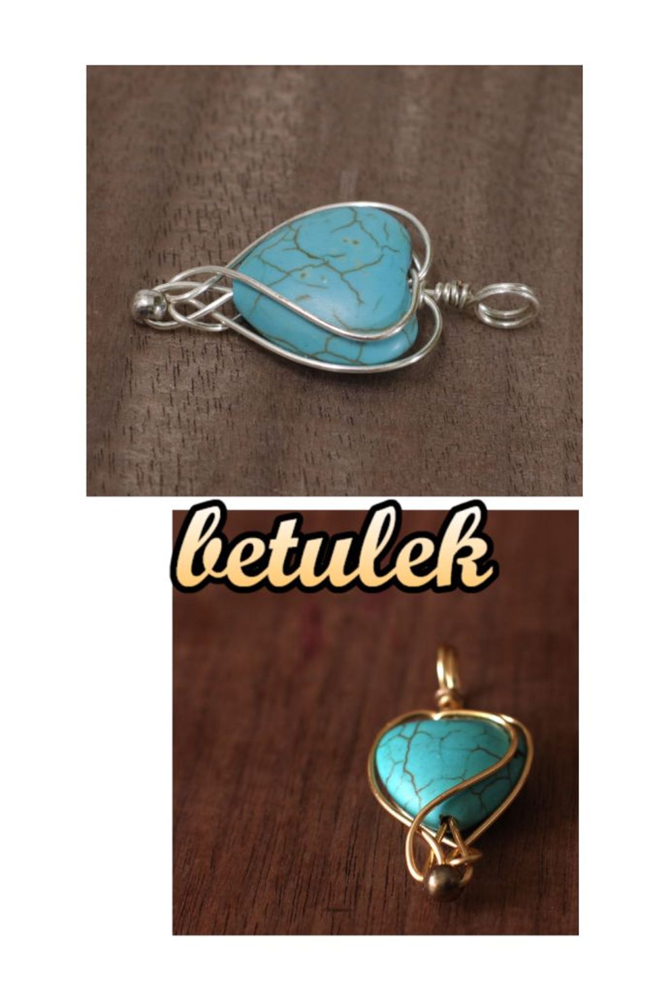 Howlite necklace pendants, sterling silver or gold plated pendants, turquoise blue heart-shaped stone wire wrapped,