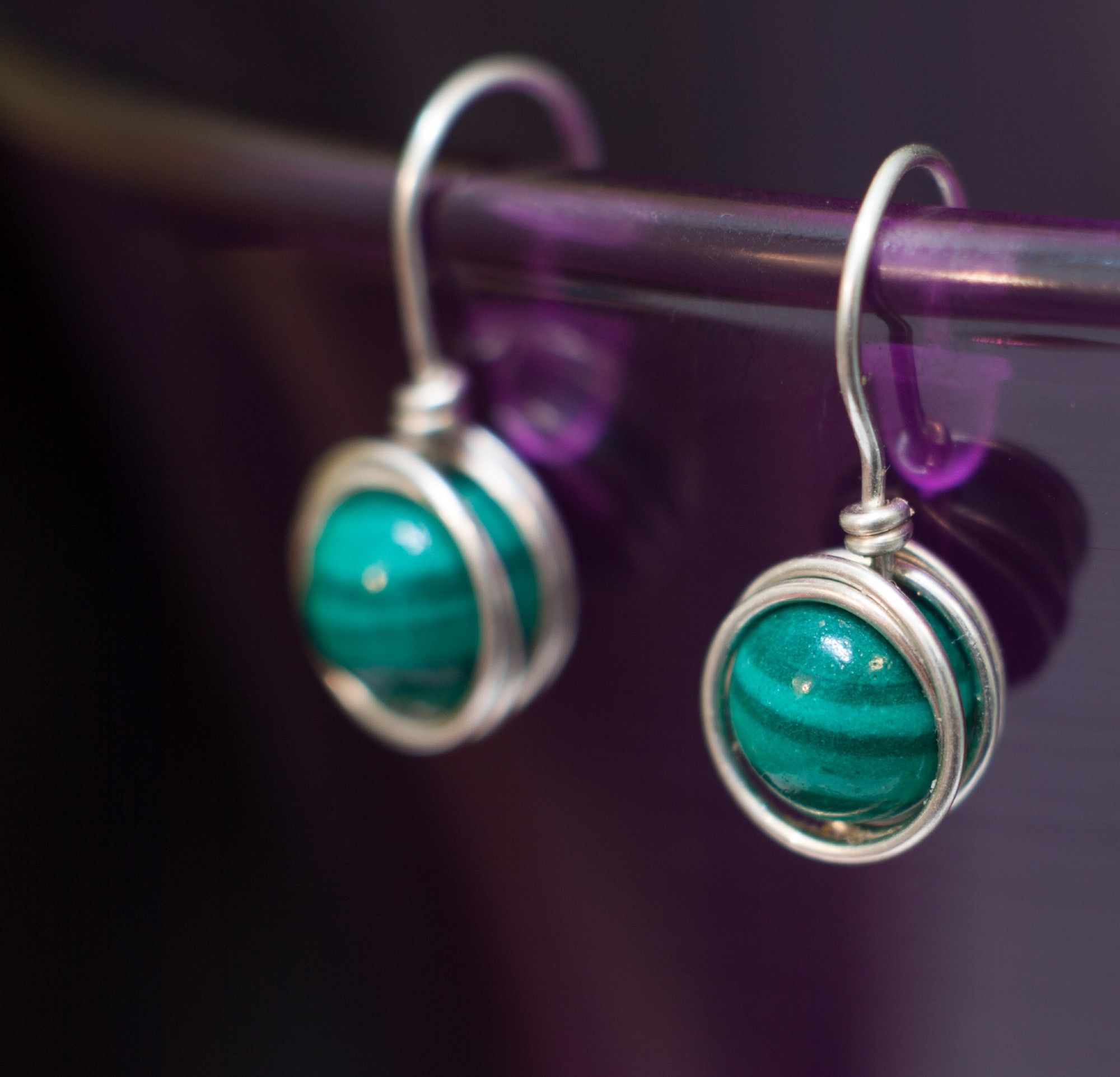 Malachite earrings, 1-inch long, sterling silver 925 wire wrapping 
https://www.etsy.com/listing/624848915