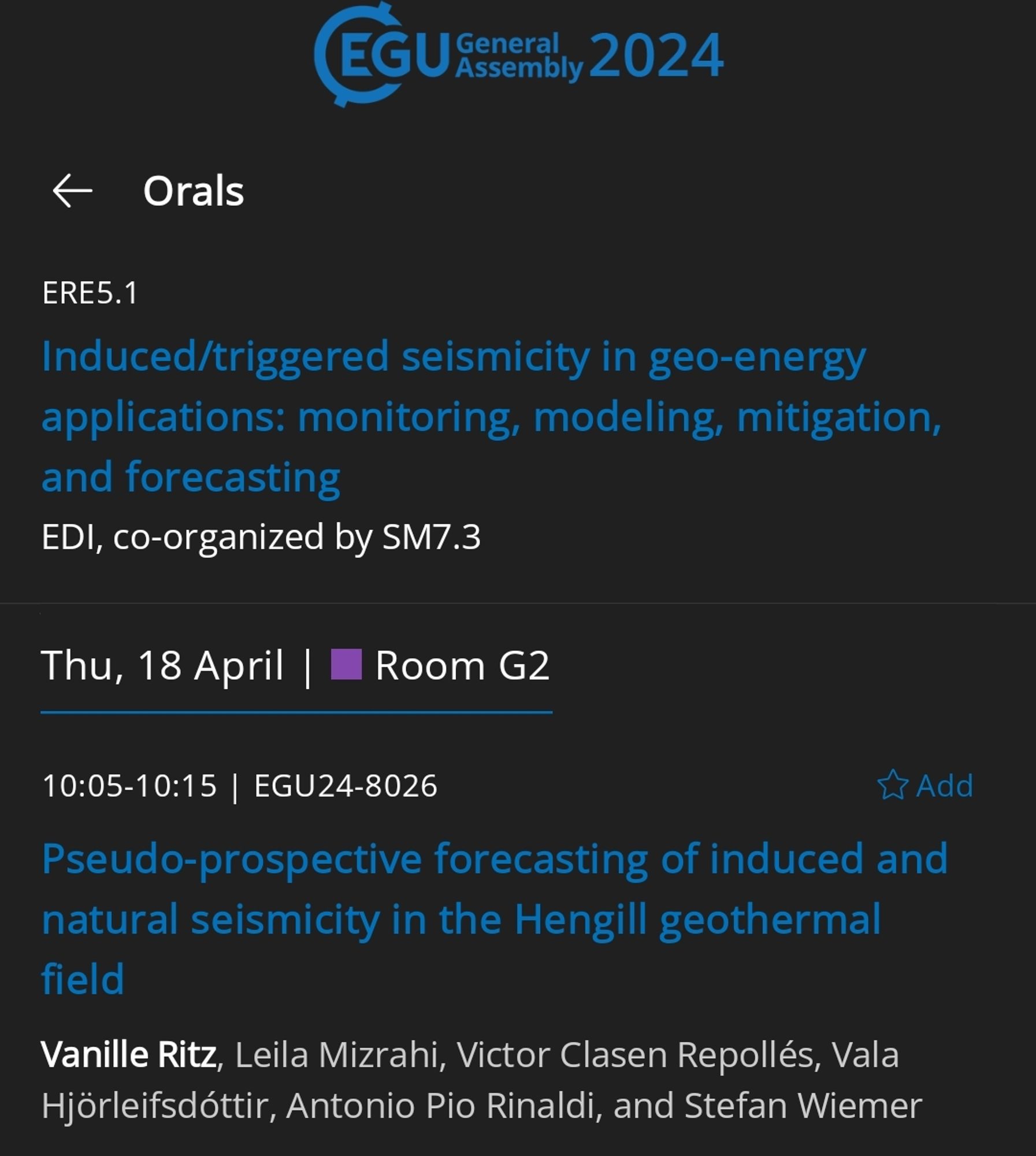 Programm of EGU 2024 Thursday 18 April, session ERE5.1/SM7.3