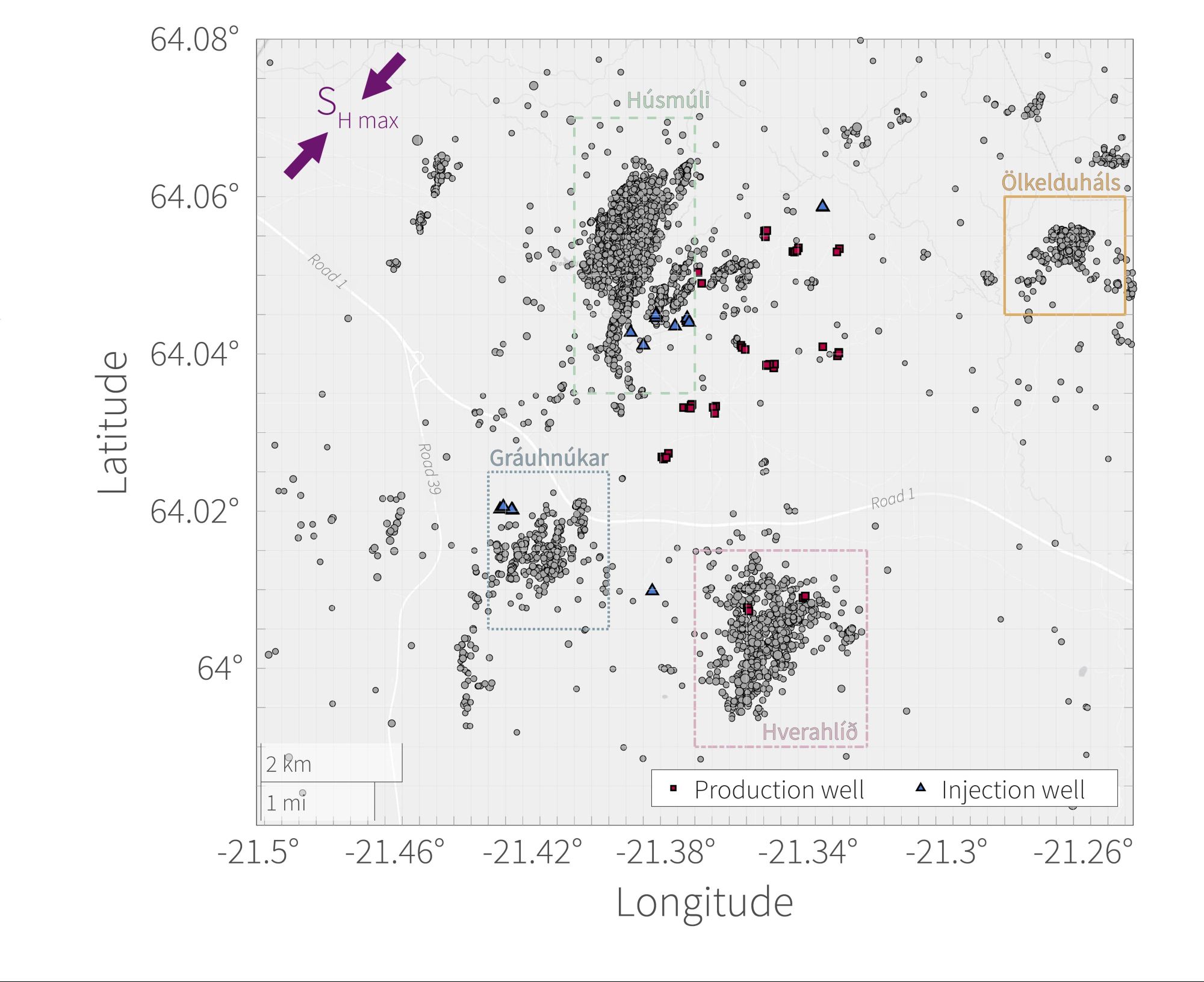 Second figure of the paper, showing a map of the Hellisheiði area, with the seismicity recorded between December 2018 and February 2021. The direction (NNE-SSW) of the principal horizontal stress is indicated. Four clusters are highlighted (Húsmúli and Gráuhnúkar reinjection areas, Hverahlíð production area, and Ölkelduháls).