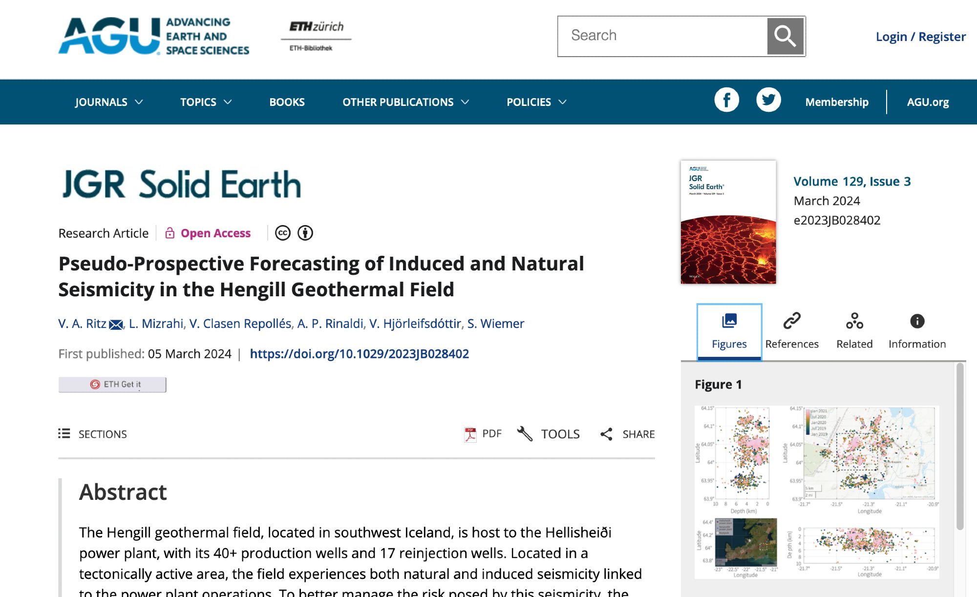 Screenshot of the landing page of JGR Solid Earth with the Research Article (Open Access) Pseudo-Prospective Forecasting of Induced and Natural Seismicity in the Hengill Geothermal Field by V. A. Ritz, L. Mizrahi, V. Clasen Repollés, A. P. Rinaldi, V. Hjörleifsdóttir and S. Wiemer