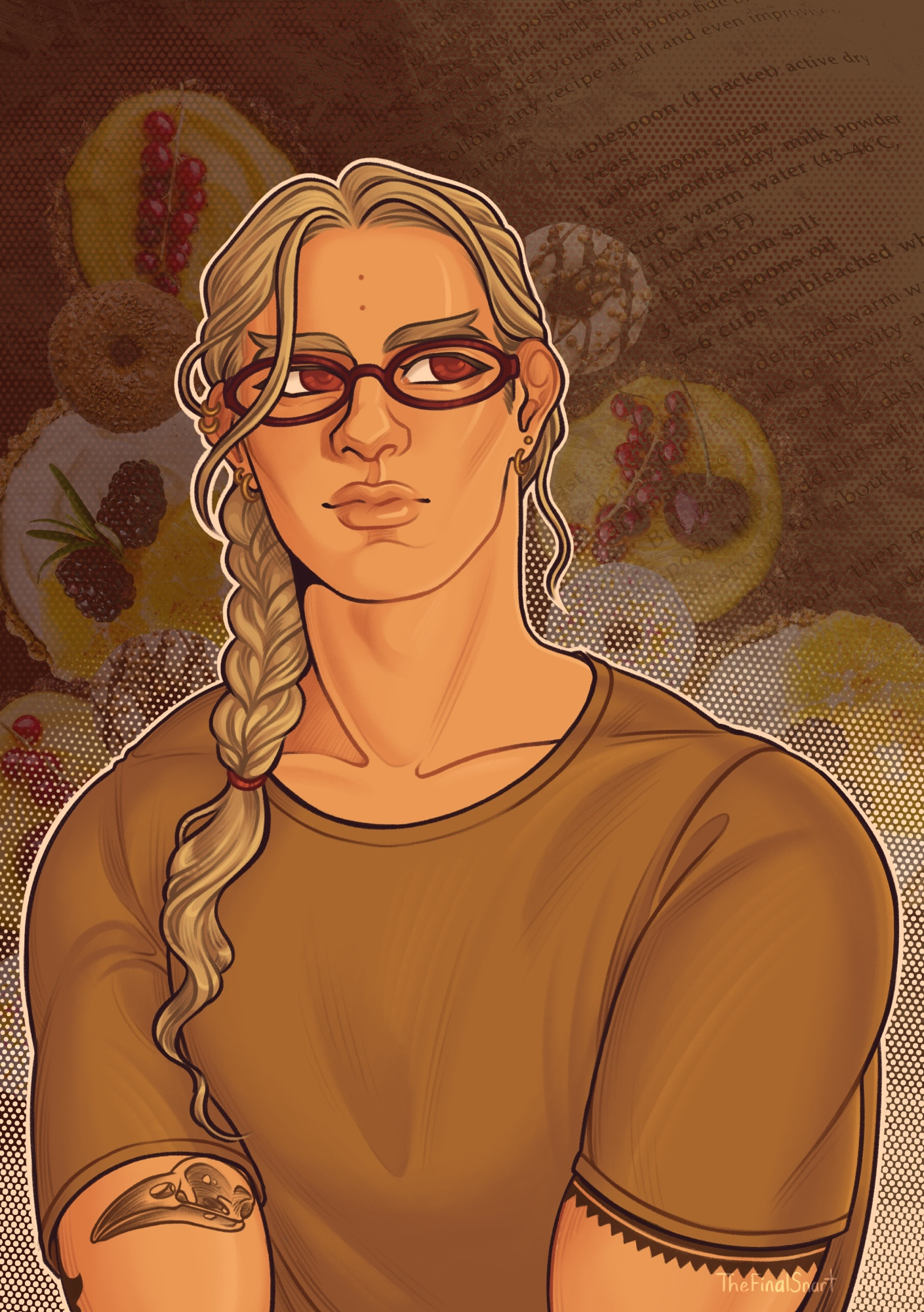 The image depicts Howard Link from D.Gray-Man in portrait. He’s a young, lean white man with long blonde hair in a braid. His eyes are red, he has two moles vertically in the middle of his forehead, and he has a faint smile. He wears red oval shaped glasses and a light brown t-shirt. He has several gold piercings in his ears, and some tattoos visible on his arms. On his right bicep is a crow skull in profile, on the right is a geometric band made of small triangles. In the background are transparent tarts and doughnuts, as well as the faded image of a recipe in a cookbook.