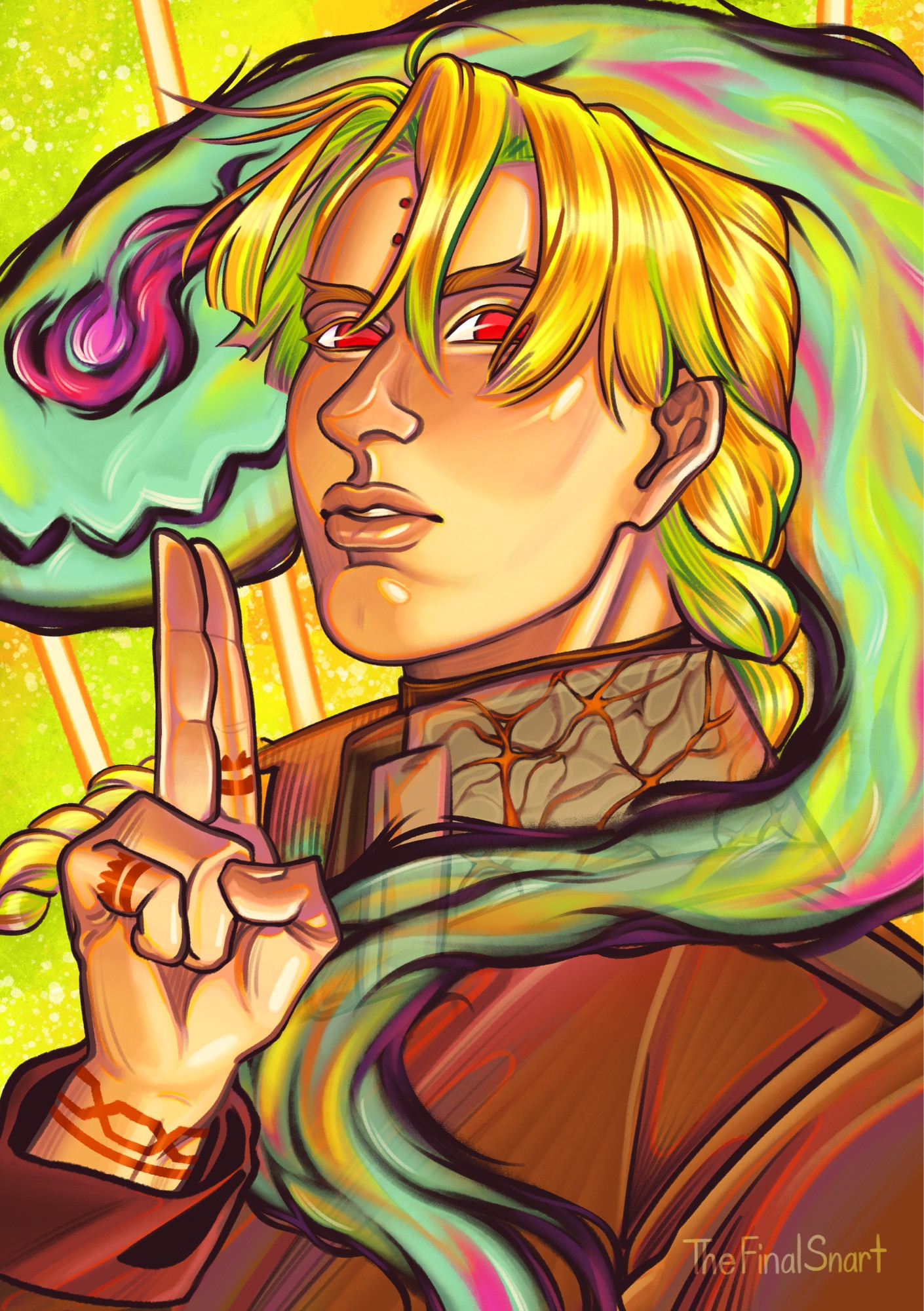 An illustration of Howard Link from the anime D Gray Man. He has yellow blonde hair, red eyes, and tattoos on his wrist and pinky and pointer fingers. He’s posed looking towards the viewer. His hand is in front of him, with his middle and pointer fingers pointing up. Atuuda swirls around him. He’s painted with neon colours, on a lime green background.