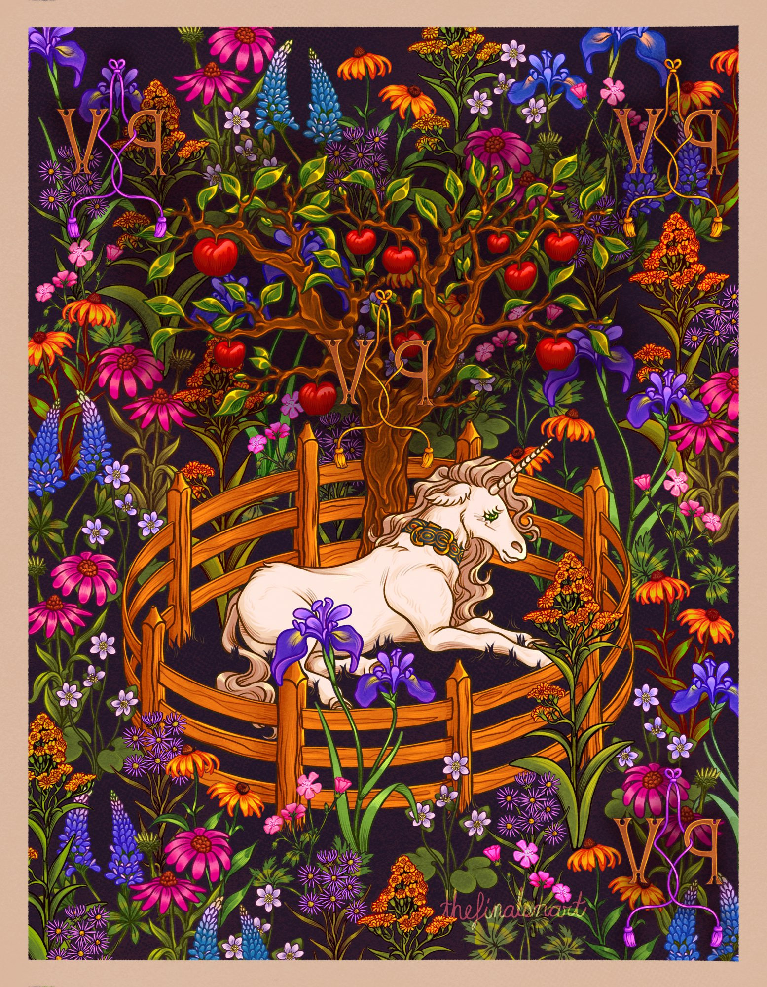 A digital illustration inspired by the historic Unicorn Tapestries. A unicorn lays in the centre facing left, surrounded by an orange wooden fence. The unicorn is wearing a thick bejewelled collar. Behind him is an apple tree with several ripe red apples. The fence is surrounded by a meadow of flowers, made up of Blue Flag Iris, Blue-Stemmed Goldenrod, Black Eyed Susans, Wild Lupine, Purple Coneflower or Echinacea, Hepatica, New York Asters, and Wild Geraniums. The background is black, and there’s a thin white border around the edges. There’s four emblems made of the letters V and P and a chord tied in a small bow connecting them. In two the cord is purple, in the other two it is yellow. They’re positioned with one in the centre, one in both top corners, and one in the bottom right corner.