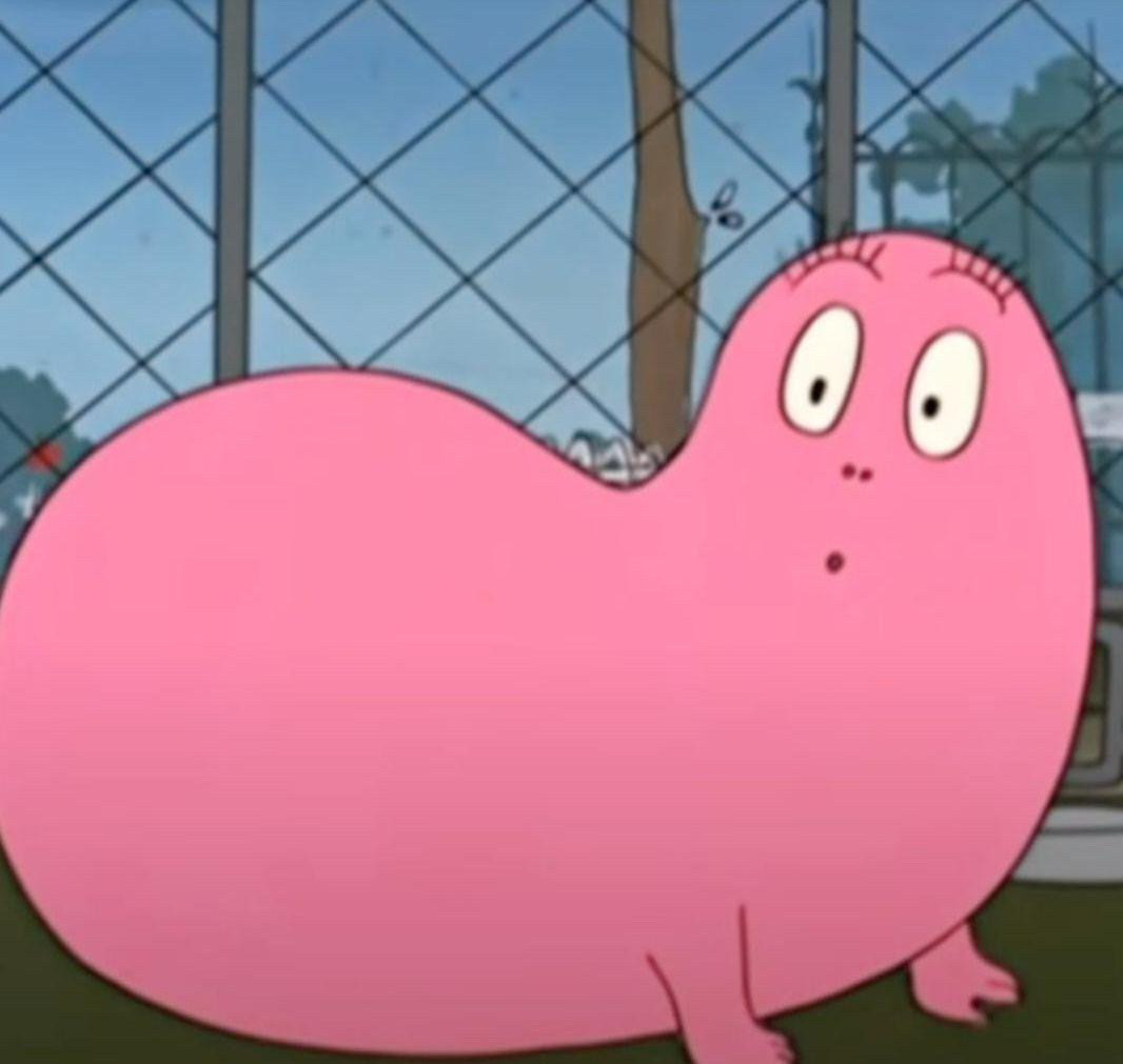 Le personnage de Barbapapa est à 4 pettes et regarde la caméra d'un air surpris