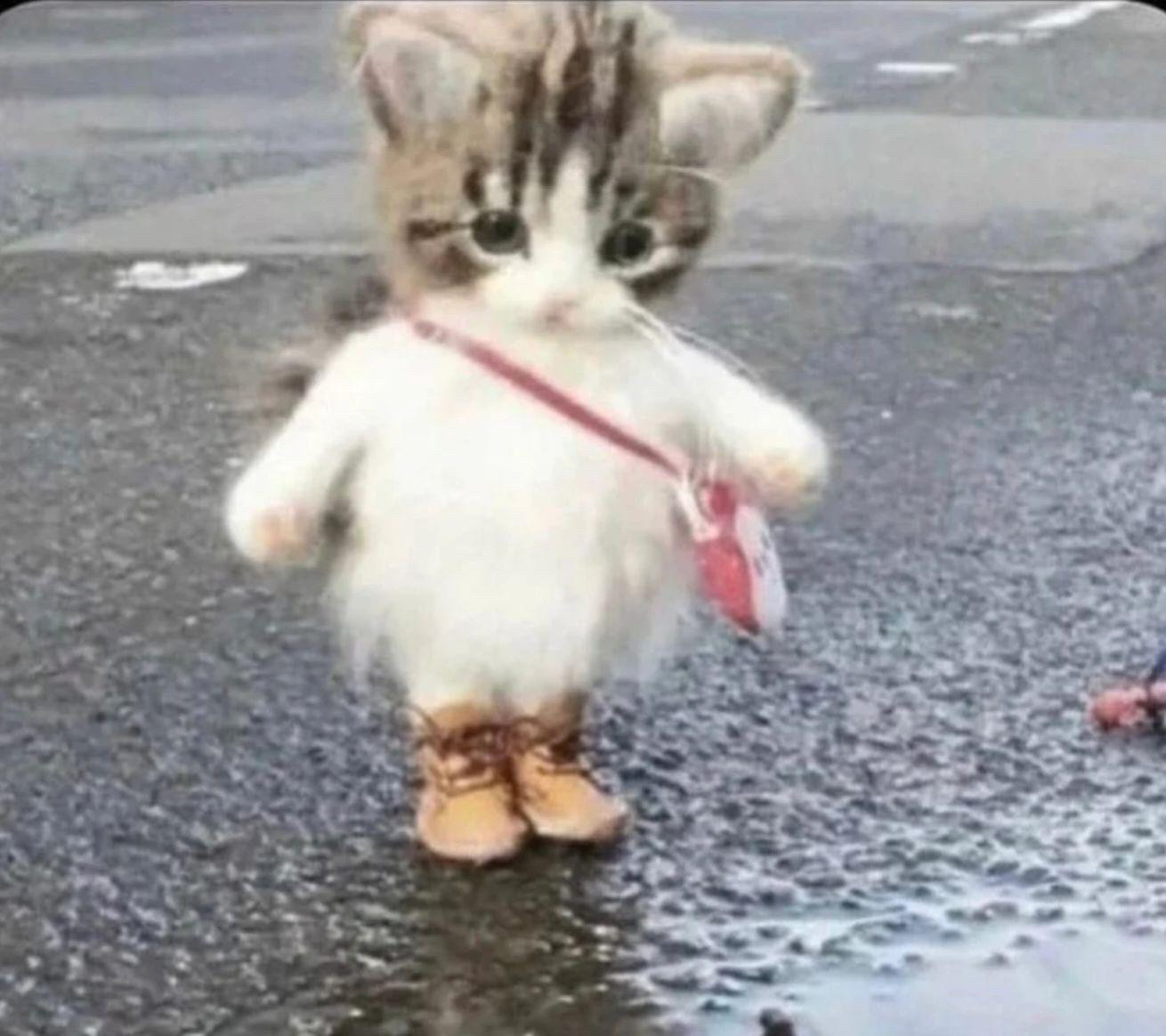 Un petit chat semble marcher sur ses pattes arrières, chaussées de petites bottes, et porte un sac en bandoulière. il a l'air désemparé