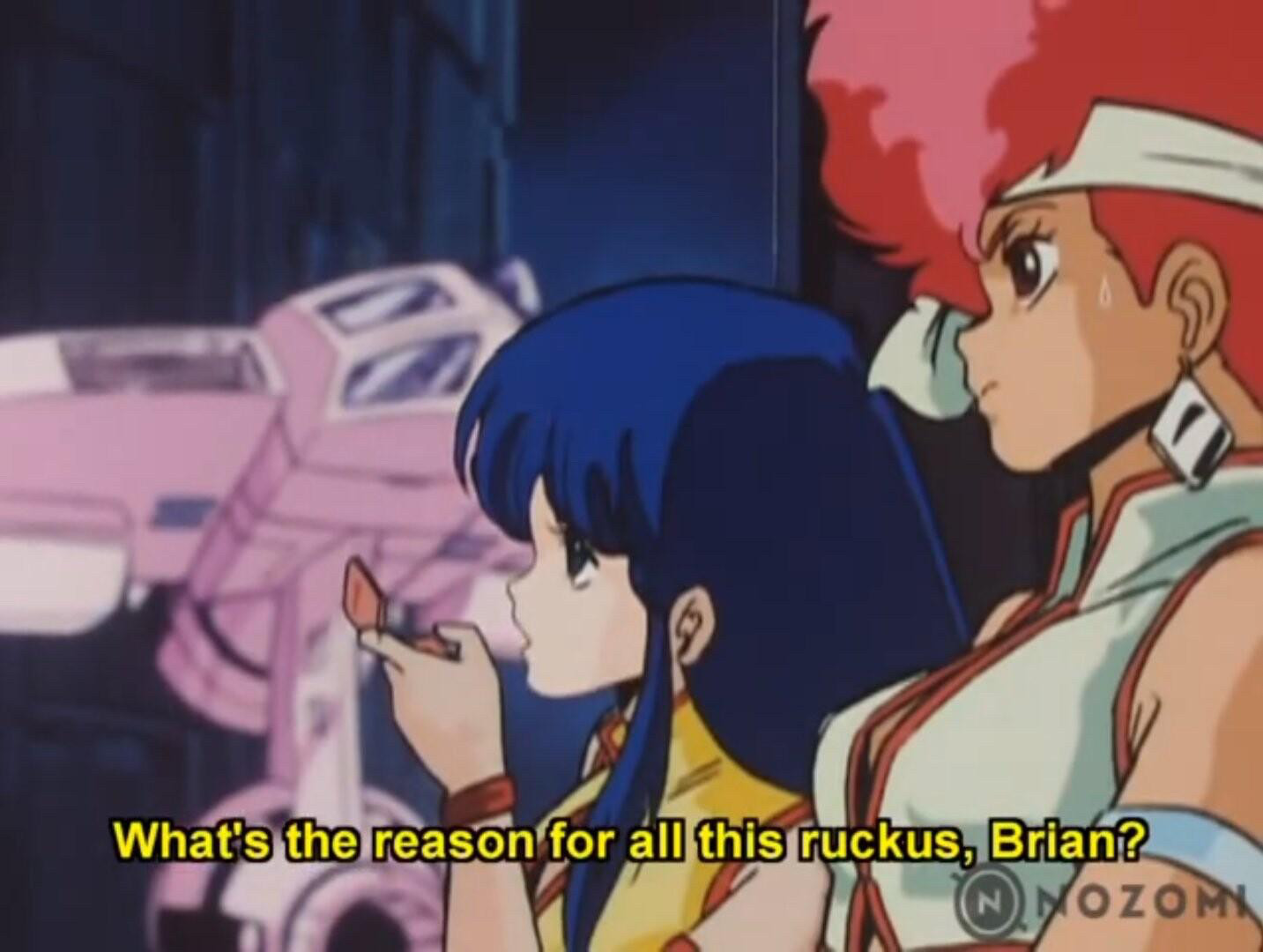 Screenshot d'un anime avec 2 personnages. Au premier plan, les bras croisés regardant fermement quelque chose droit devant. Au second plan, fixant la même chose, un intercom dans la main : "What's the reason for all this ruckus, Brian ?" (quelle est la raison de tout ce bordel, Brian ?)