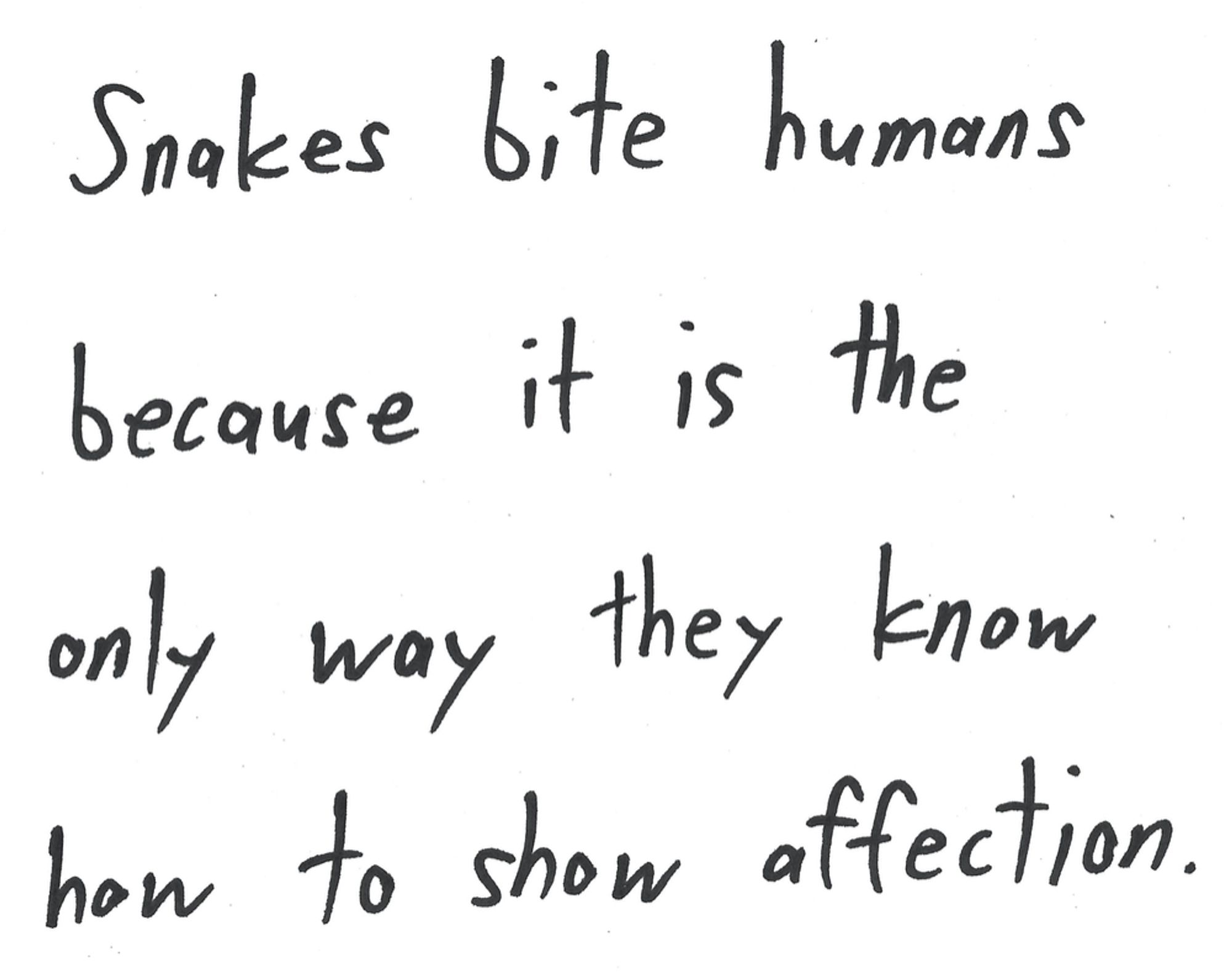 Snakes bite humans because it is the only way they know how to show affection.