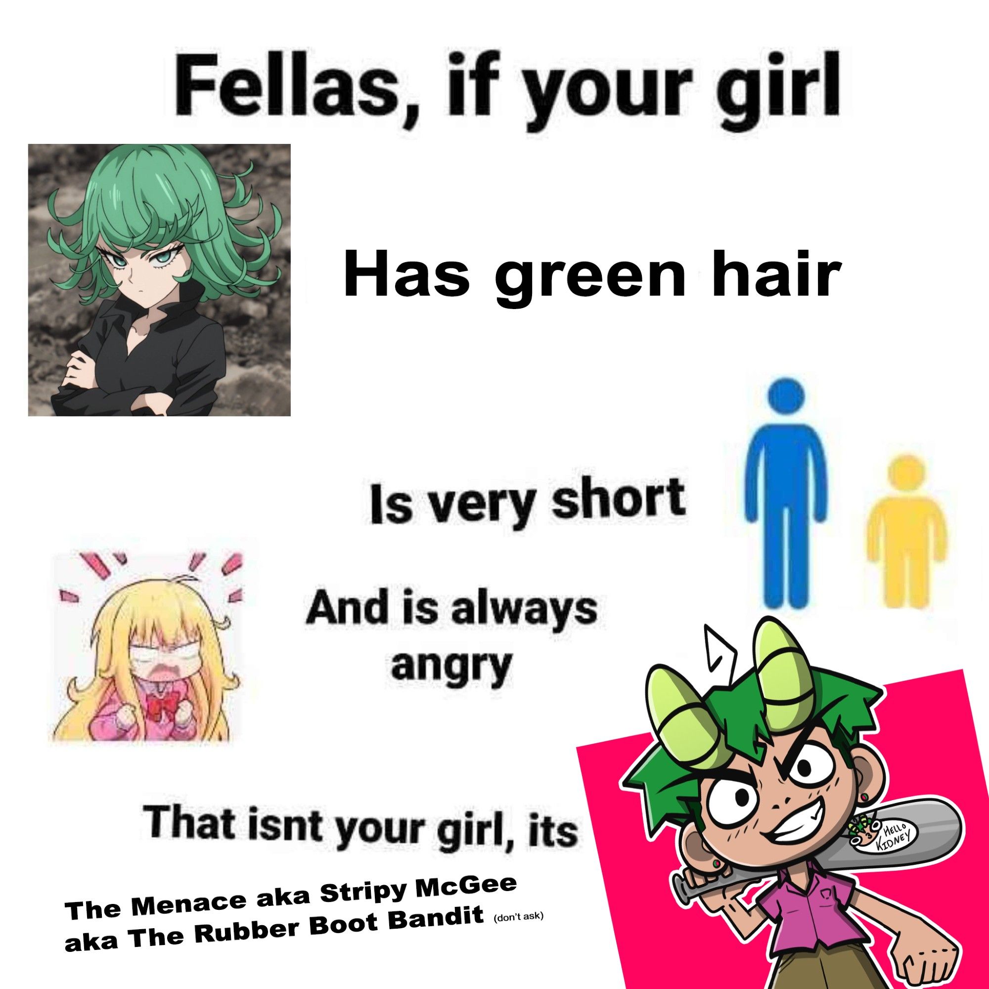 Fellas, if your girl has green hair, is very short, and is always angry, it's not your girl, its The Menace aka Stripy McGee aka The Rubber Boot Bandit (don't ask)