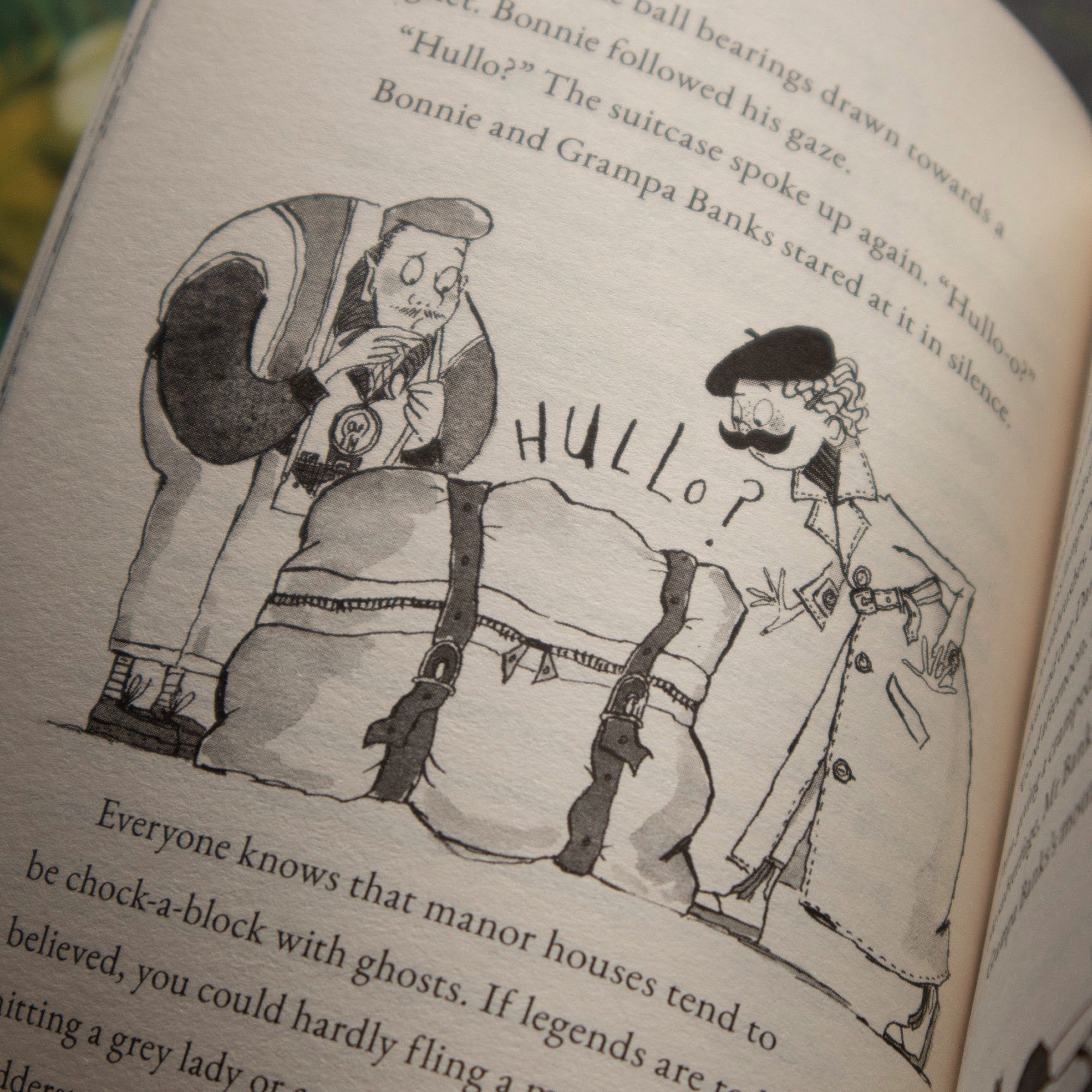 Montgomery Bonbon and Grampa Banks, illustrated by Claire Powell, investigating a talking suitcase.