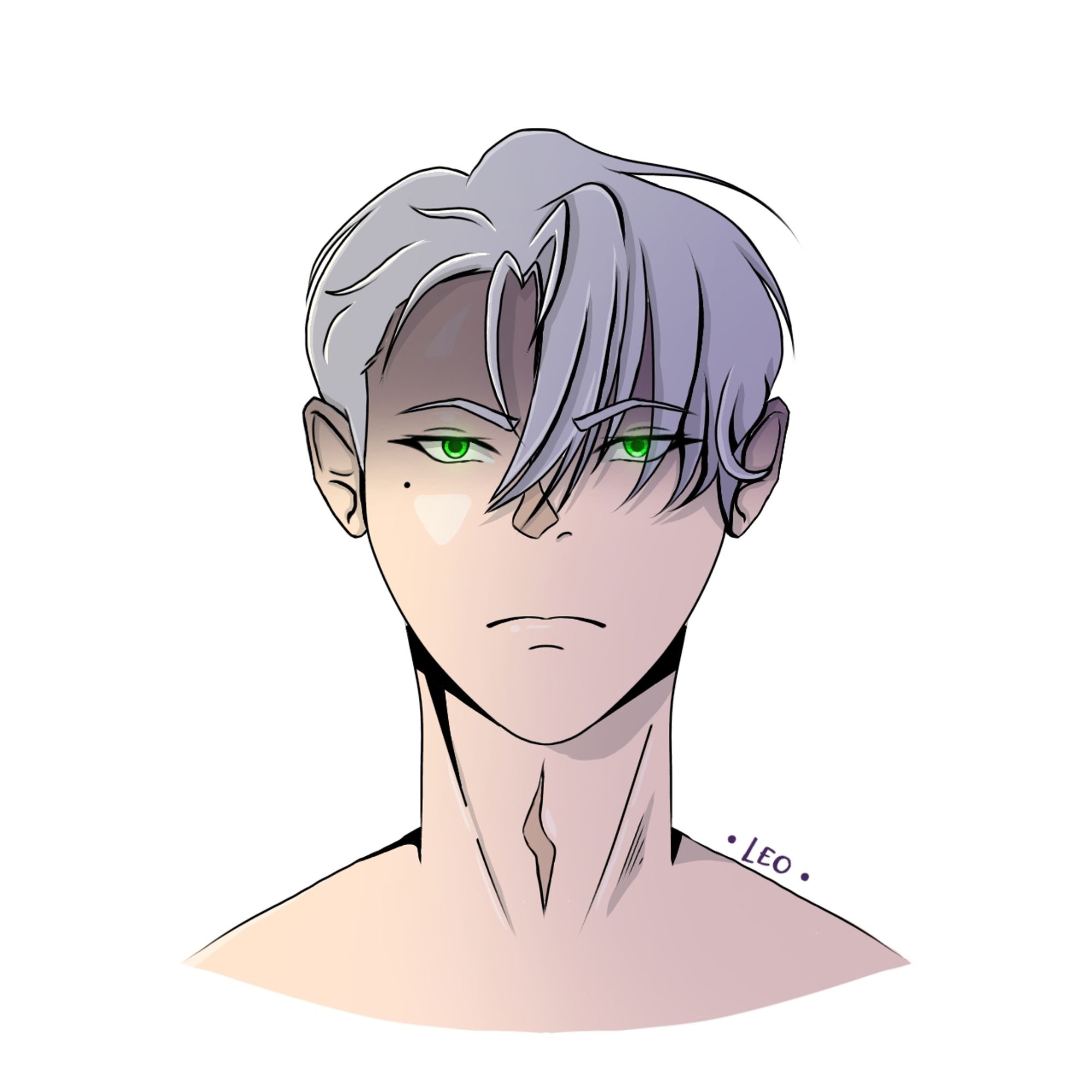 Desenho em anime de um homem branco, com cabelo curto platinado, de olhos verdes e rosto sério.