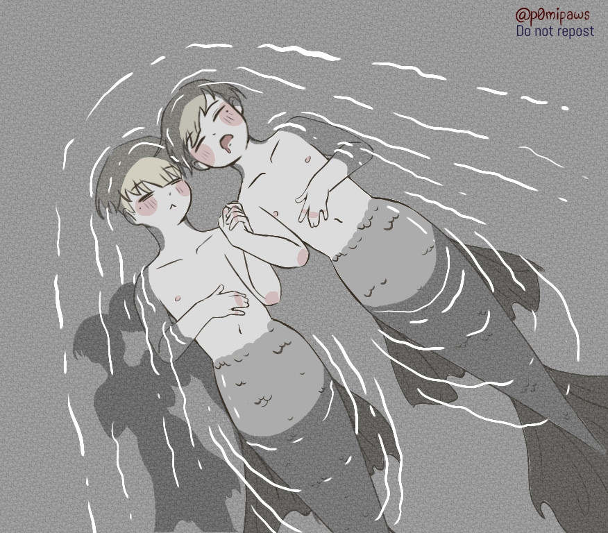 Mermaid Vash and mermaid Nai from Trigun sleeping on water while holding hands so they wont float away