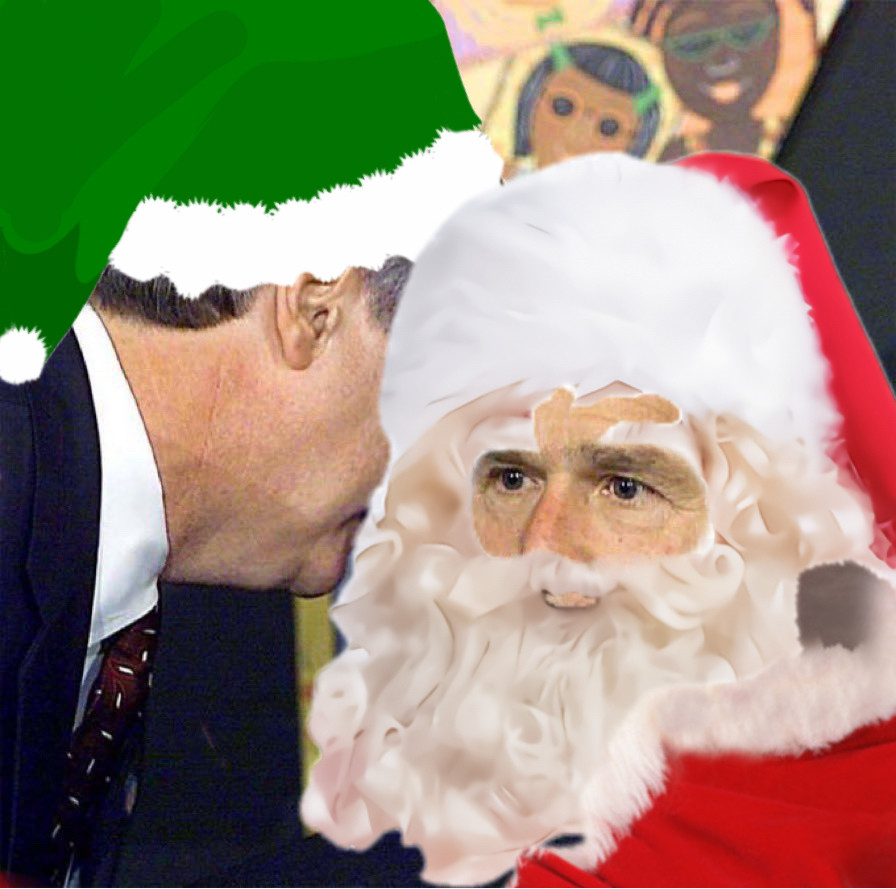 White House Chief of Staff Andrew Card (dressed as an elf) whispering in the ear of George W. Bush (dressed as Santa) on 9/11.