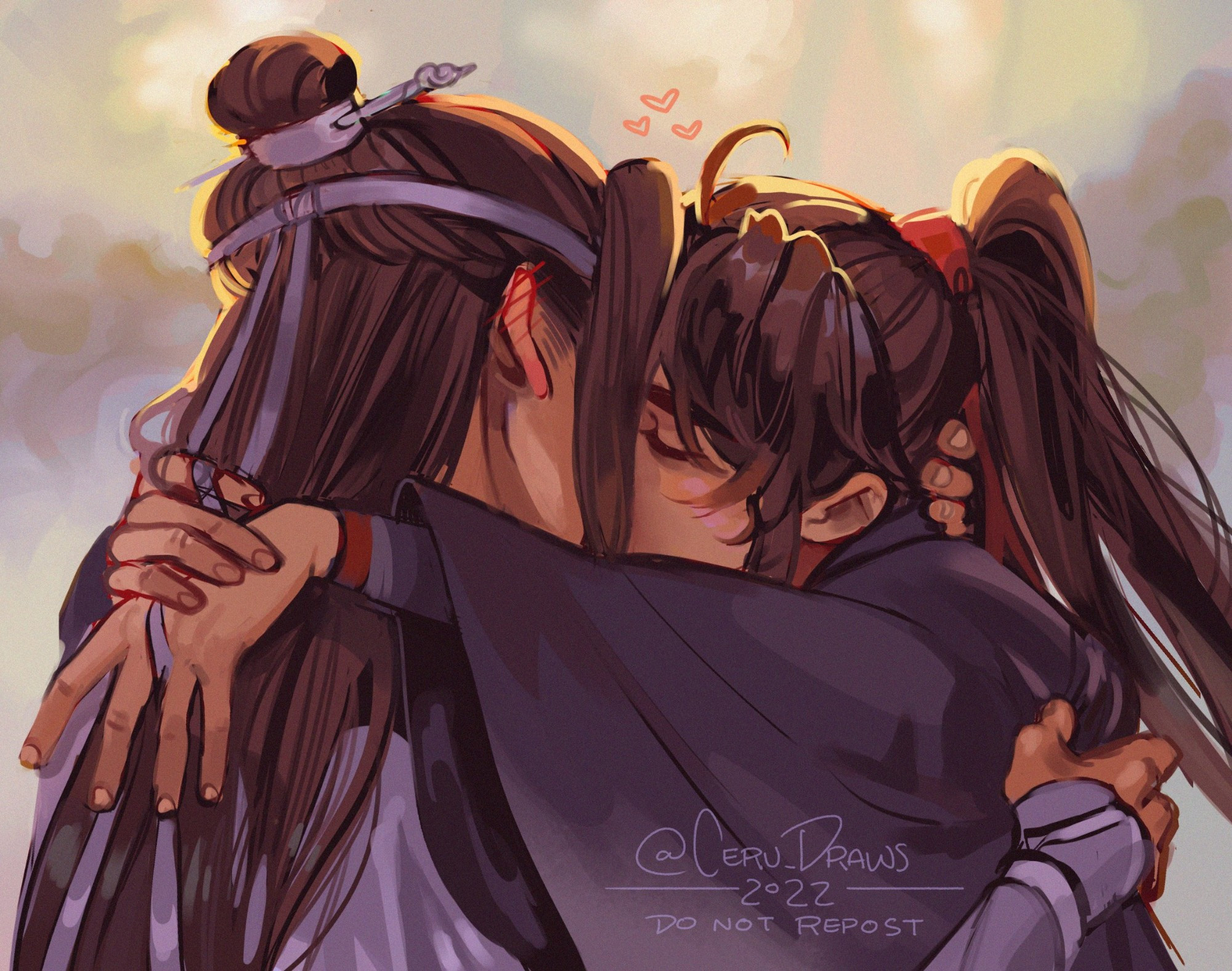 Digital painting depicting the same image as last time, however this time Wei Wuxian and Lan Wangji have begun to kiss. Wei Wuxian's hands are linked around Lan Wangji's shoulders, his ribbon still intertwined in Wei Wuxian's fingers. Lan Wangji's head is tilted to meet Wei Wuxian's, and even though his face is not visible his ears are blushing. His hand is also visible gripping Wei Wuxian's shoulder as they share a passionate kiss. /End of alt text