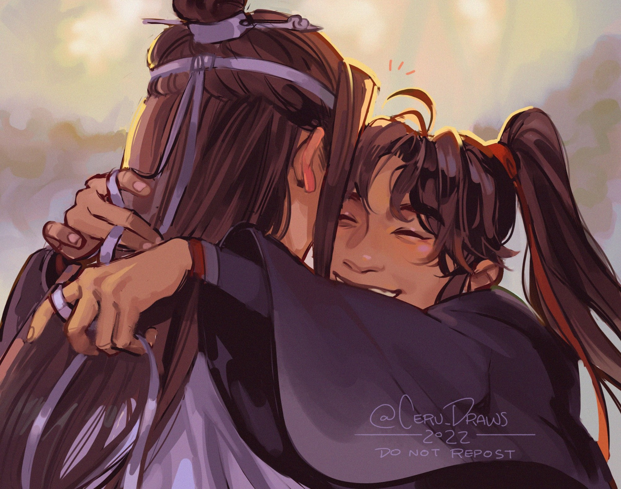 Digital painting using warm yet soft colors depicting Wei Wuxian and Lan Wangji from the shoulder up, wei Wuxian has his arms thrown around Lan Wangji's shoulders, faces close but not touching, and is playing with his forehead ribbon, his smile partially obscured by his arms but his eyes are scrunched closed with joy. Lan Wangji is turned away from the viewer but his ears are visible. /End of alt text