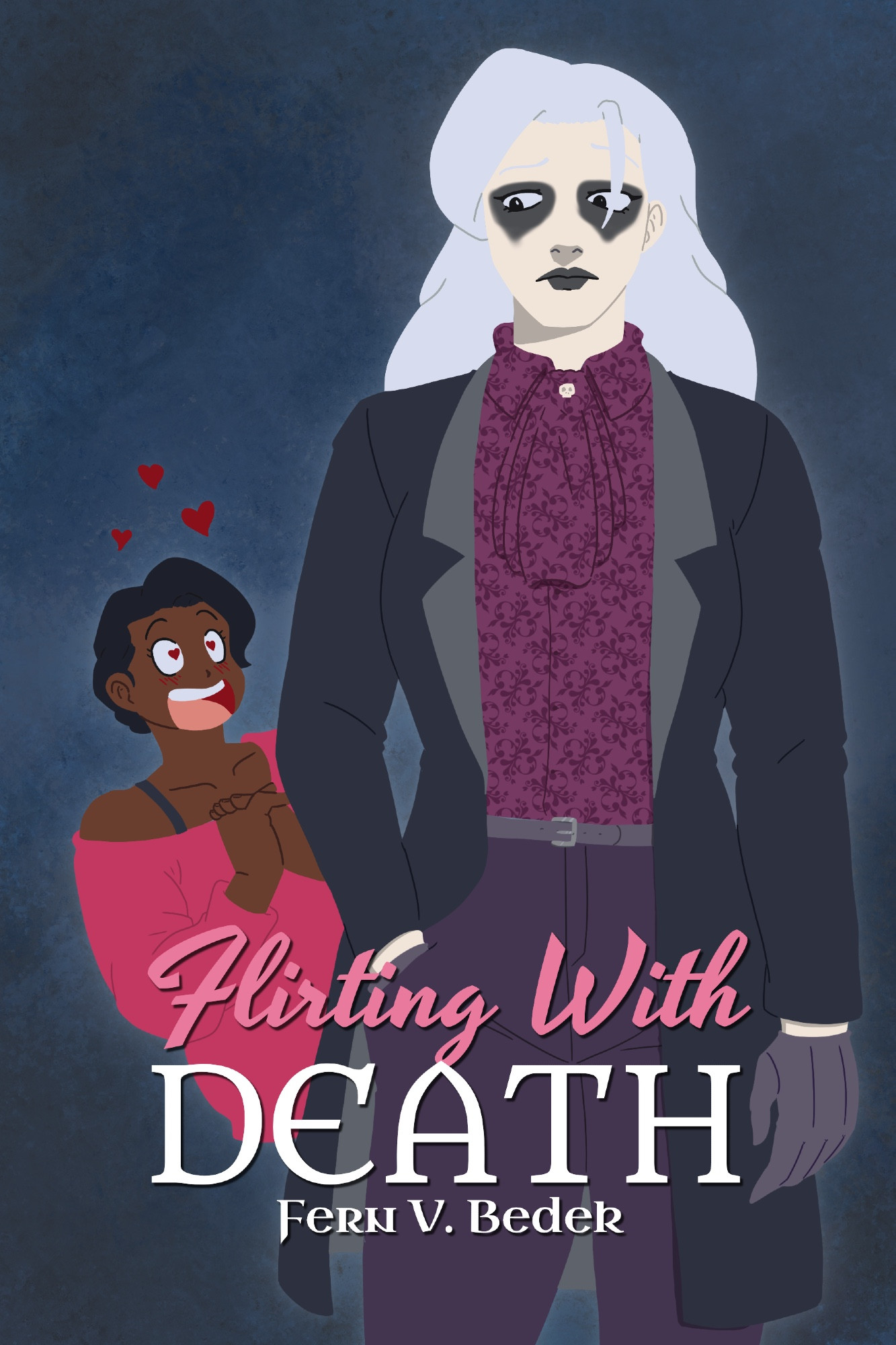 Cover for Flirting With Death. A short South Asian woman with hearts in her eyes staring at a pale and gothic woman who is, in fact, the Grim Reaper.