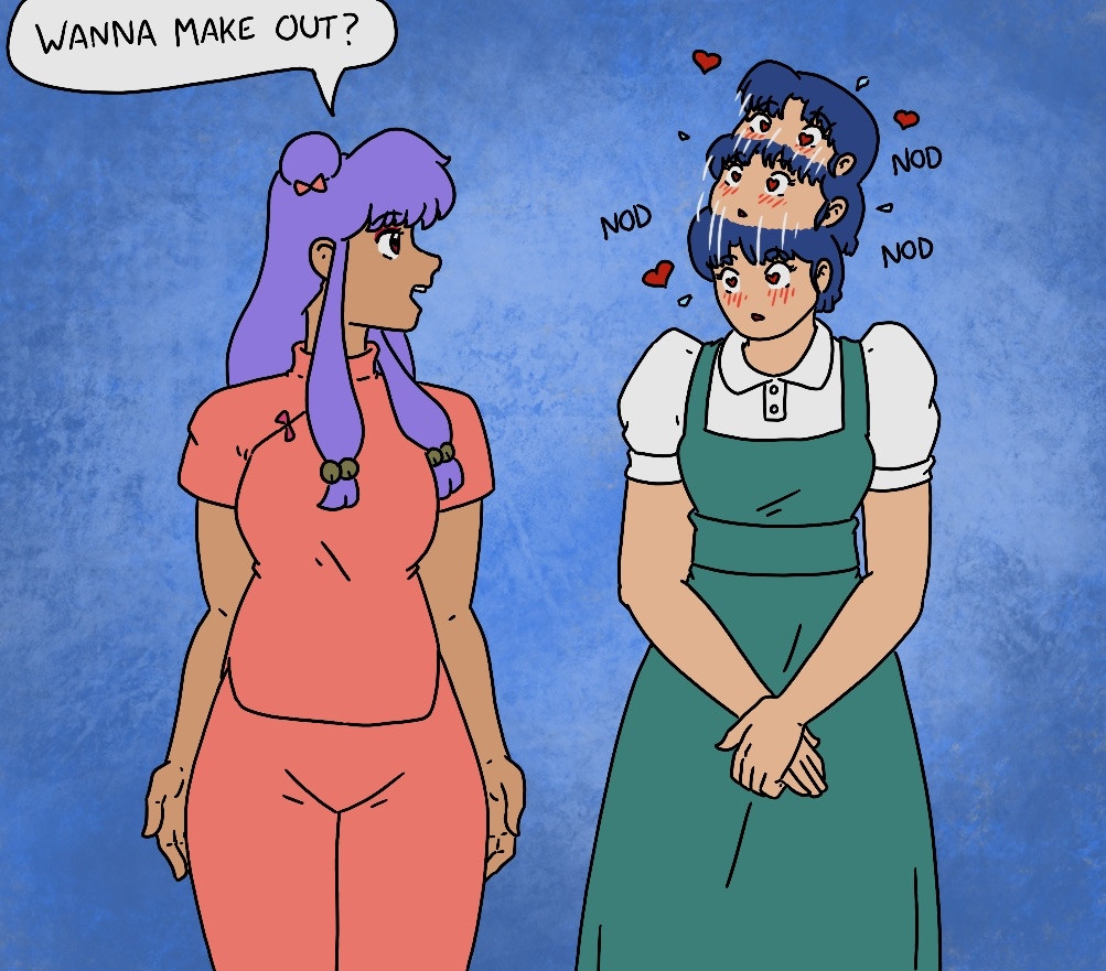 Shampoo asking Akane is she wants to make out while Akane nods enthusiastically.