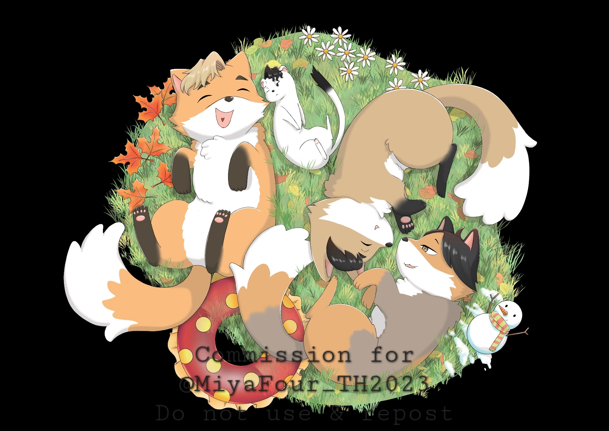 Miya four mascot: foxtsumu, foxsamu, foxsuna, weaselomi laying down together on the grass