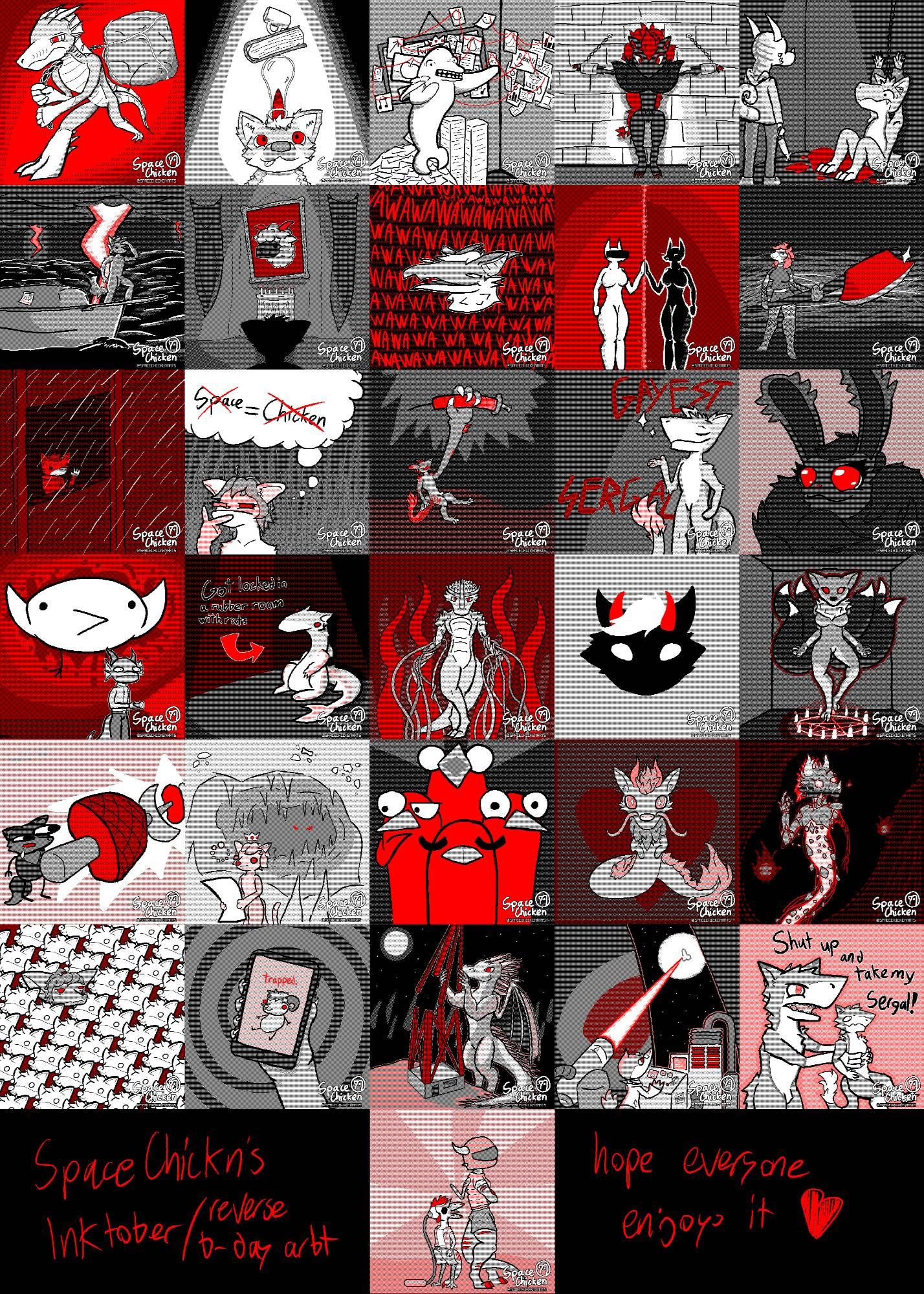 prompts go as follows:
determination, recklessness, fruitcore, restraint, sergal torture
dolphin, sergal, awawawawawawawawawa, metaphysical, axe
rain, causality, rite, gay, no enemies
duh, crazy?, samsara, abstract, heretic
kebab, doldrum, persona, cute, reanimation
fops, phone, antenna, the moon, paying
and last but not least, halloween