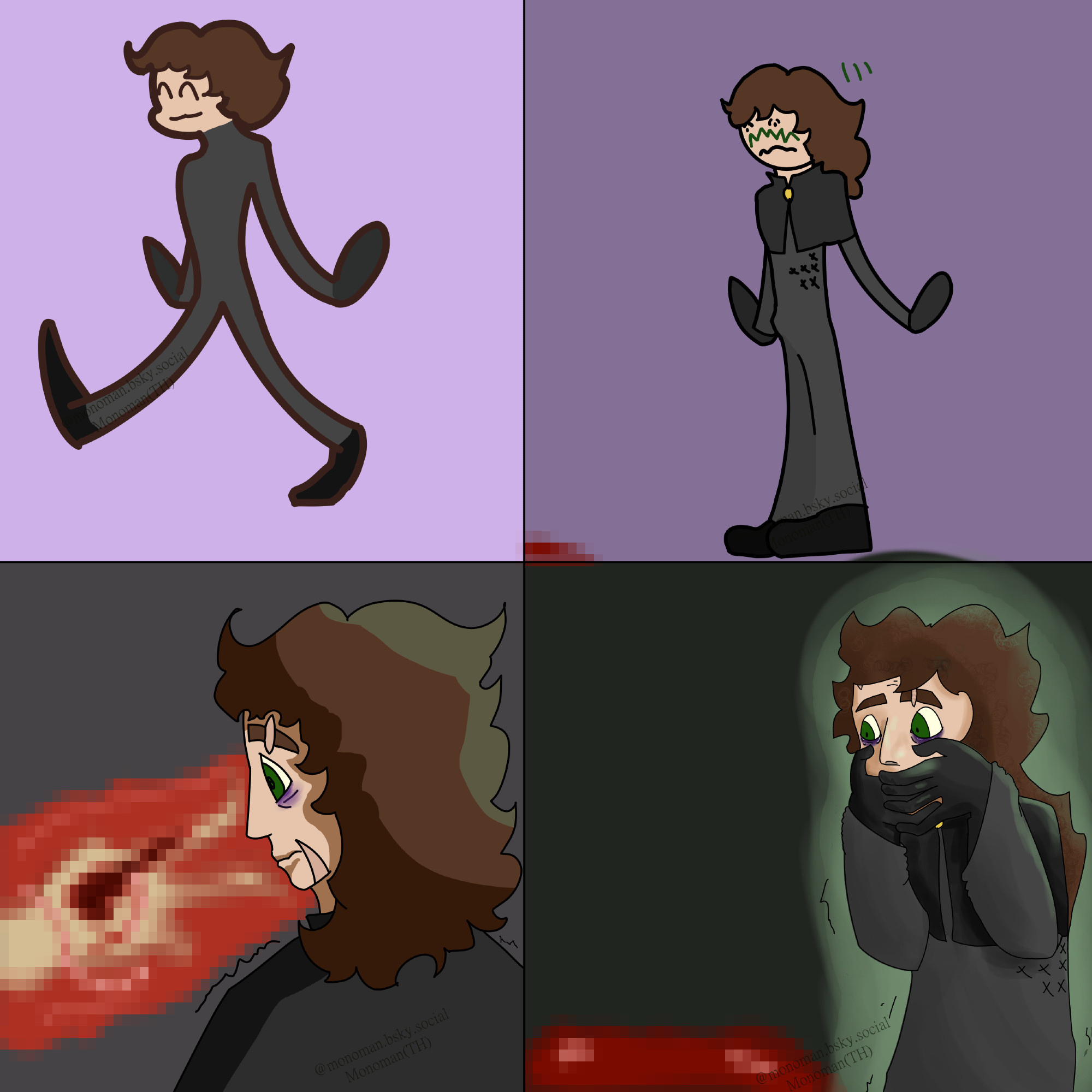 4 Panel Comic, top left: Chibi styled man happily walking, Top Right: the man stops in place, looking sick Bottom Left: Man becomes more realistic and stares in horror at a gutted corpse (Pixelated) Bottom Right: Man covers fact with both hands in shock and disgust. This time in a semi-realism style